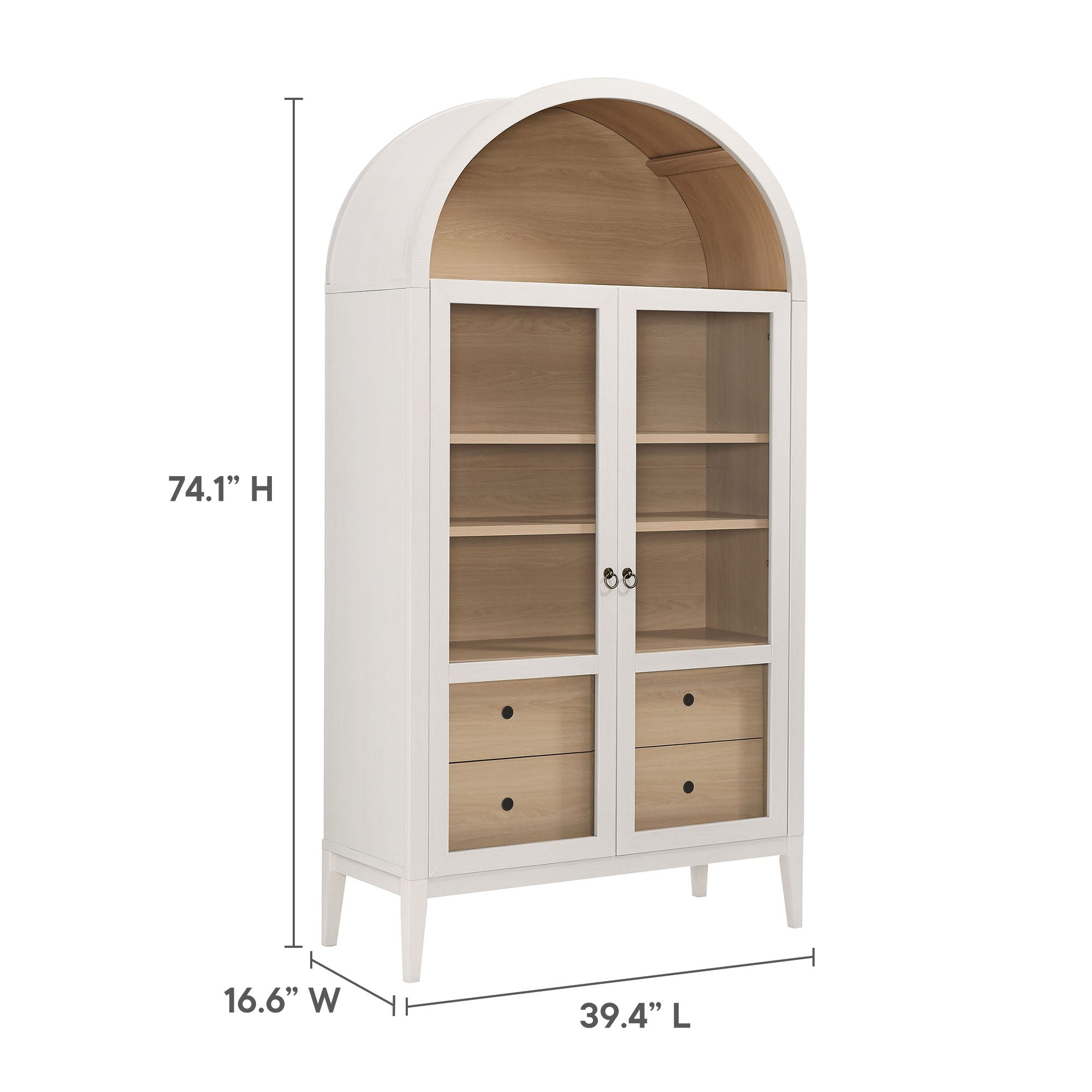 Nolan 74" Tall Wide Arched Storage Display Cabinet, Ivory Oak