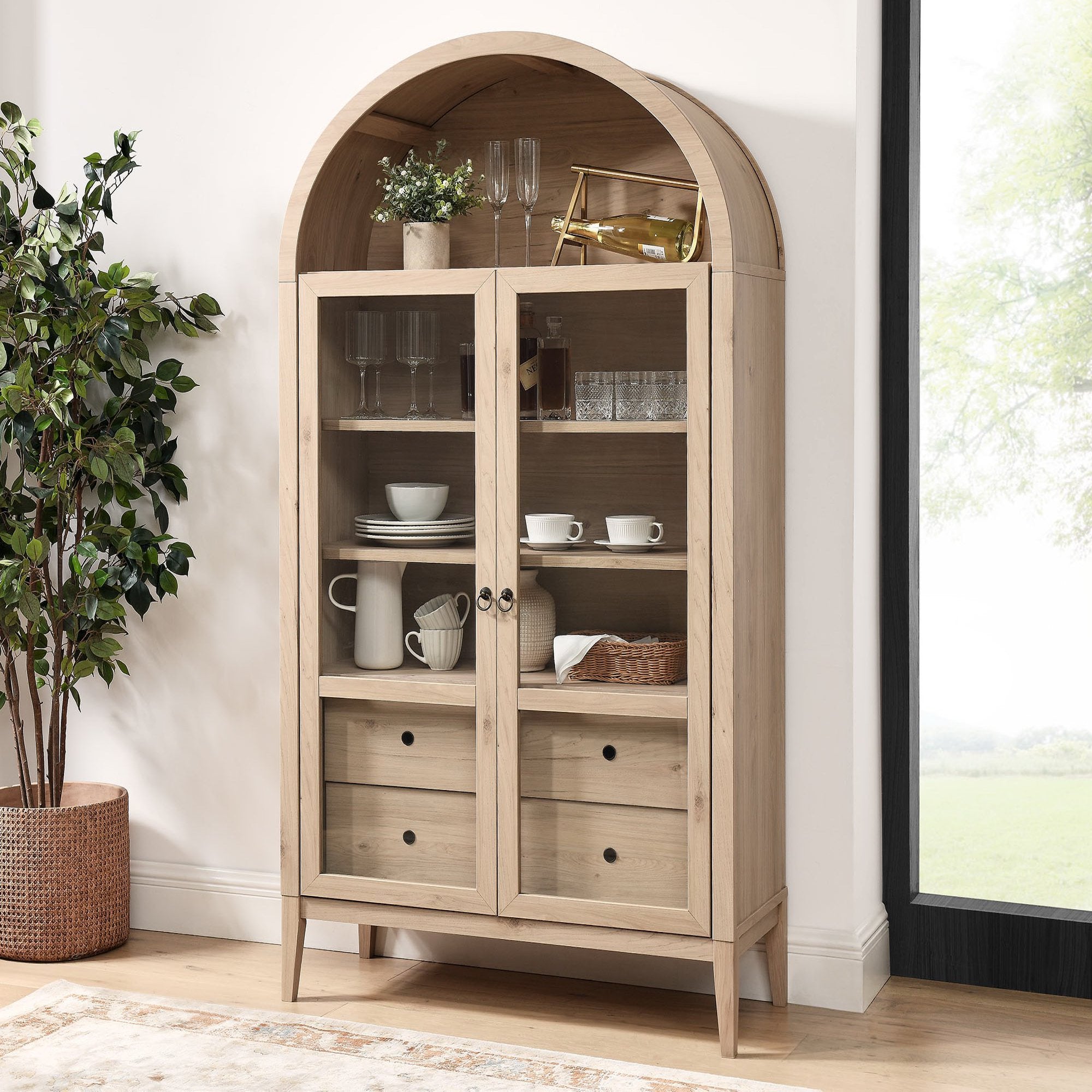Nolan 74" Tall Wide Arched Storage Display Cabinet, Light Oak