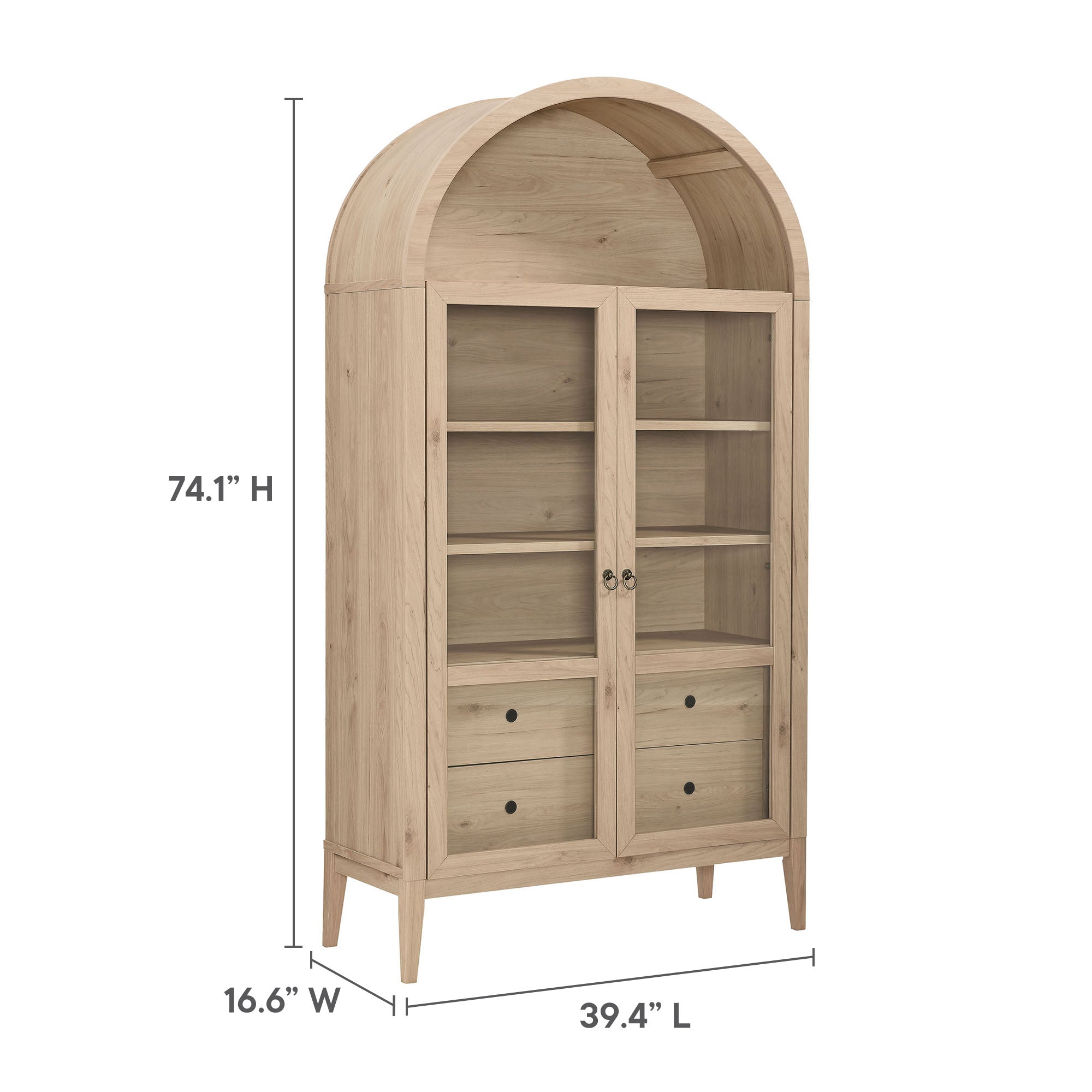 Nolan 74" Tall Wide Arched Storage Display Cabinet, Light Oak