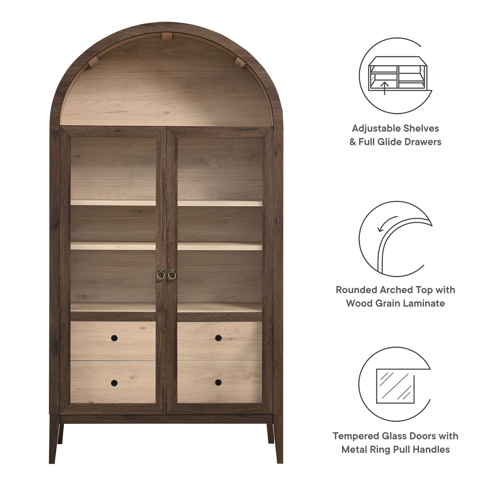 Nolan 74" Tall Wide Arched Storage Display Cabinet, Walnut Light Oak