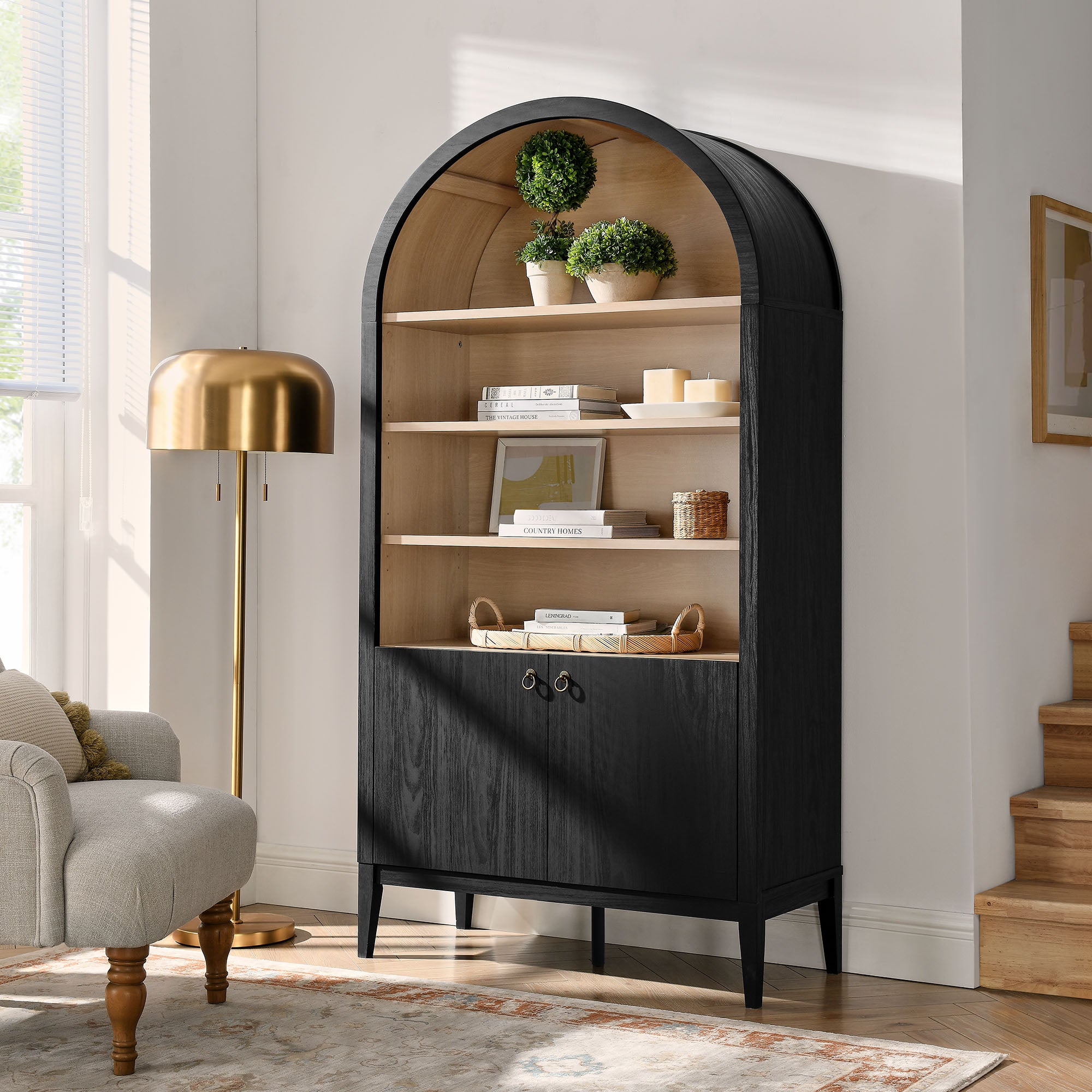 Nolan 74" Tall Wide Arched Storage Display Cabinet Bookshelf, Black Oak