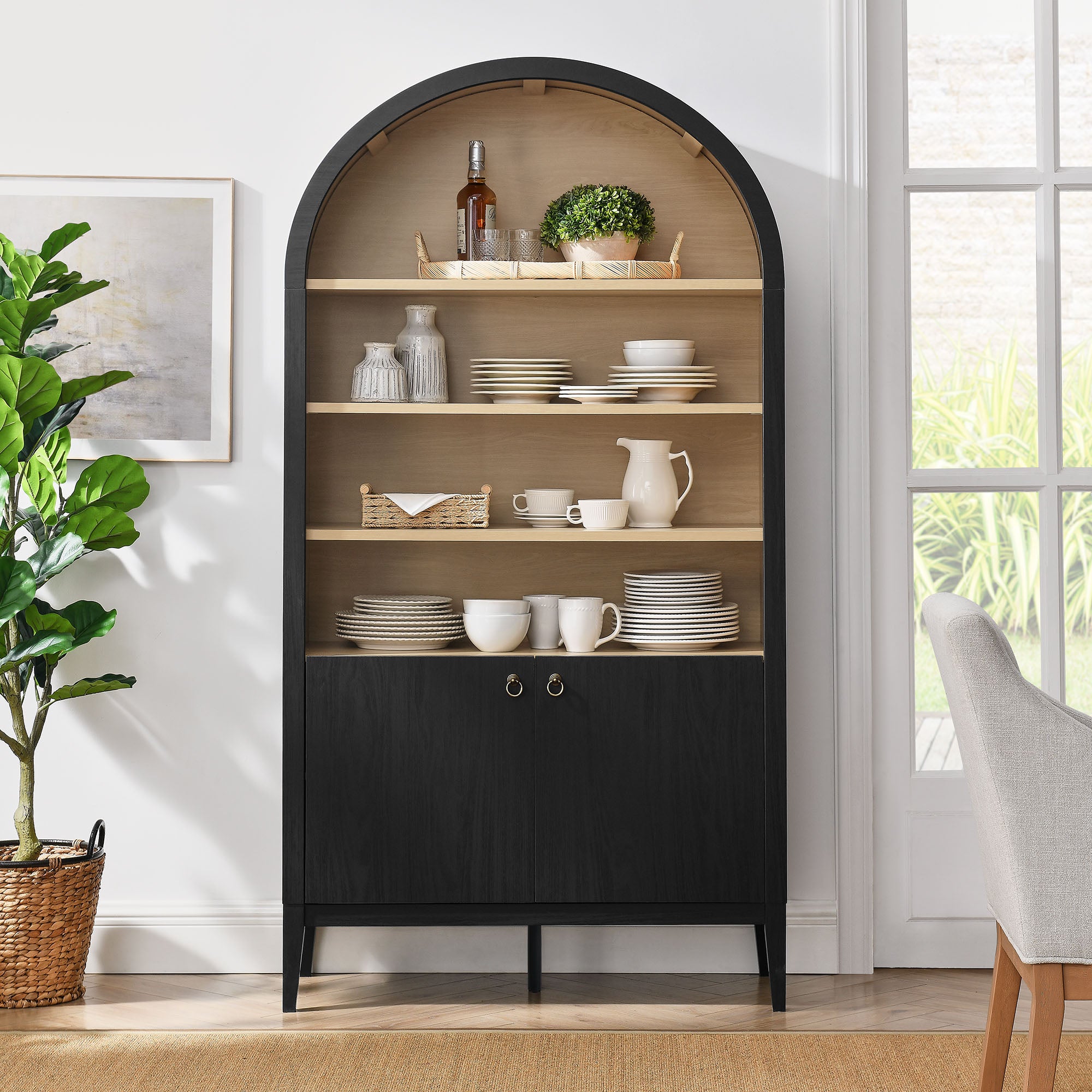 Nolan 74" Tall Wide Arched Storage Display Cabinet Bookshelf, Black Oak