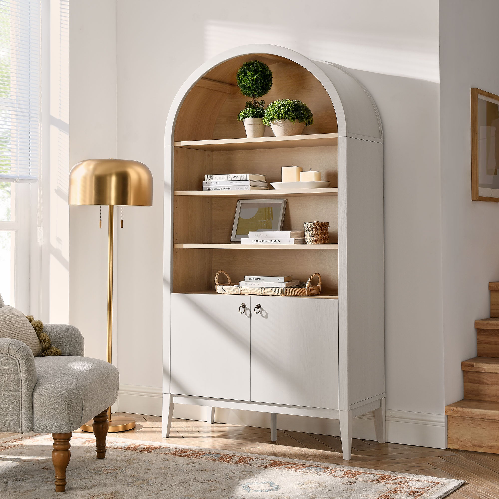 Nolan 74" Tall Wide Arched Storage Display Cabinet Bookshelf, Ivory Oak