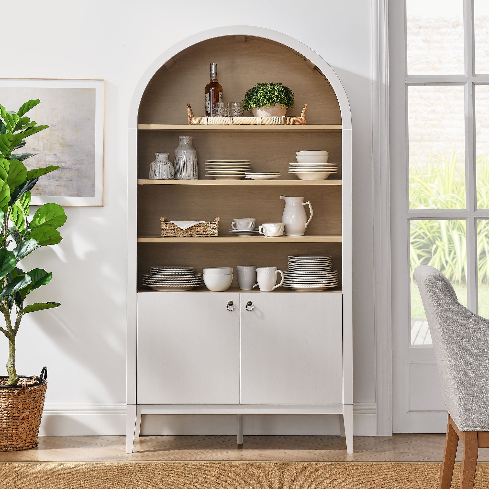 Nolan 74" Tall Wide Arched Storage Display Cabinet Bookshelf, Ivory Oak