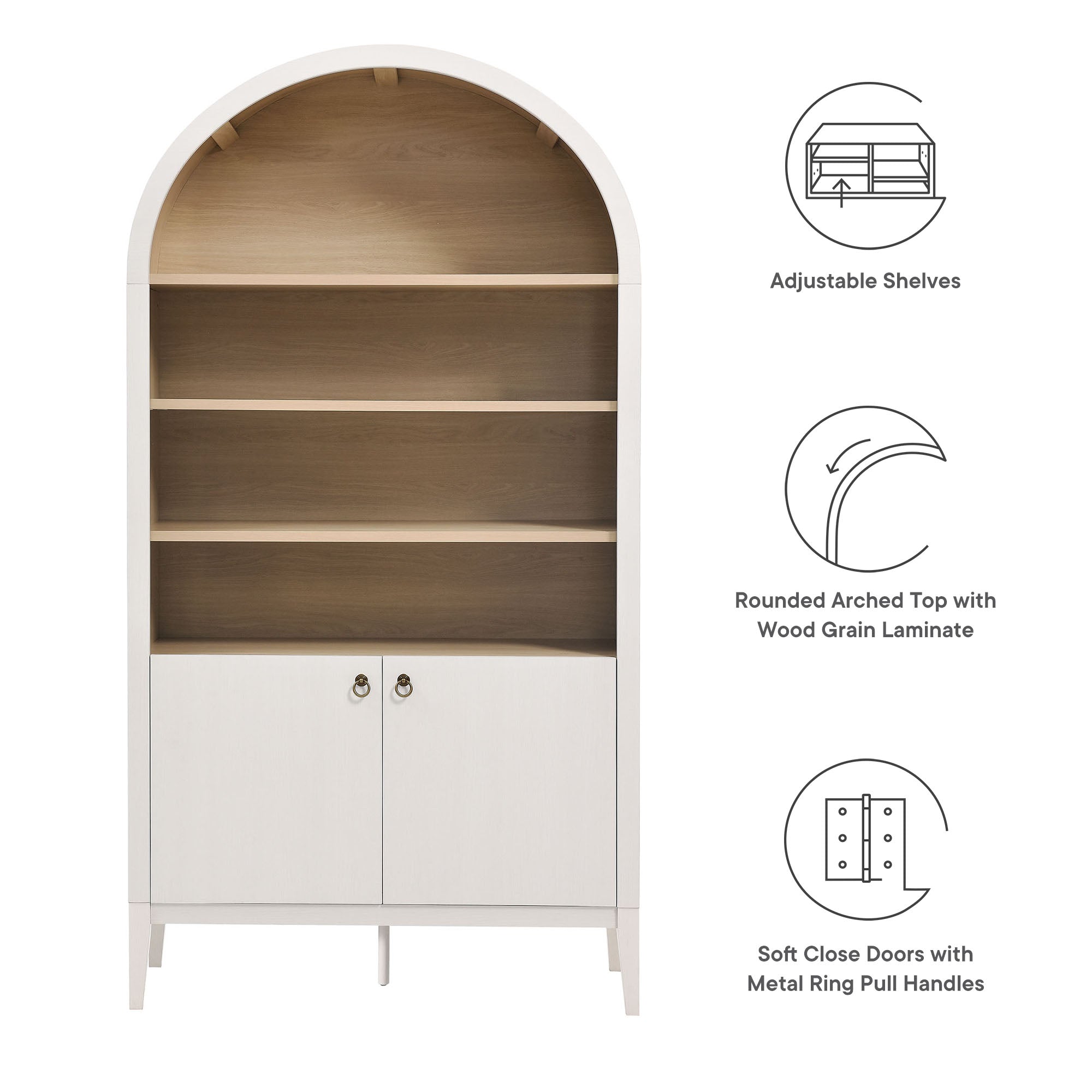 Nolan 74" Tall Wide Arched Storage Display Cabinet Bookshelf, Ivory Oak