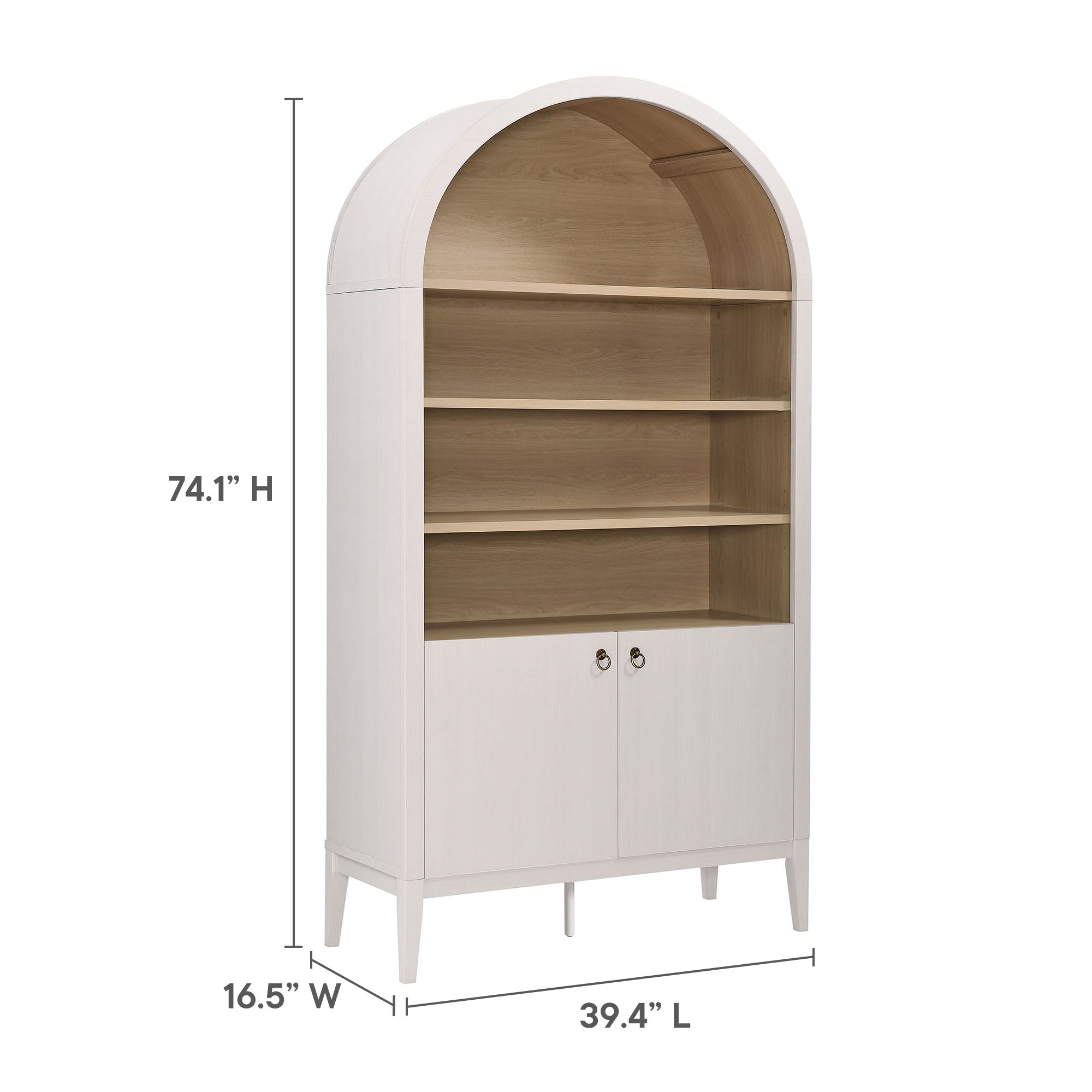 Nolan 74" Tall Wide Arched Storage Display Cabinet Bookshelf, Ivory Oak