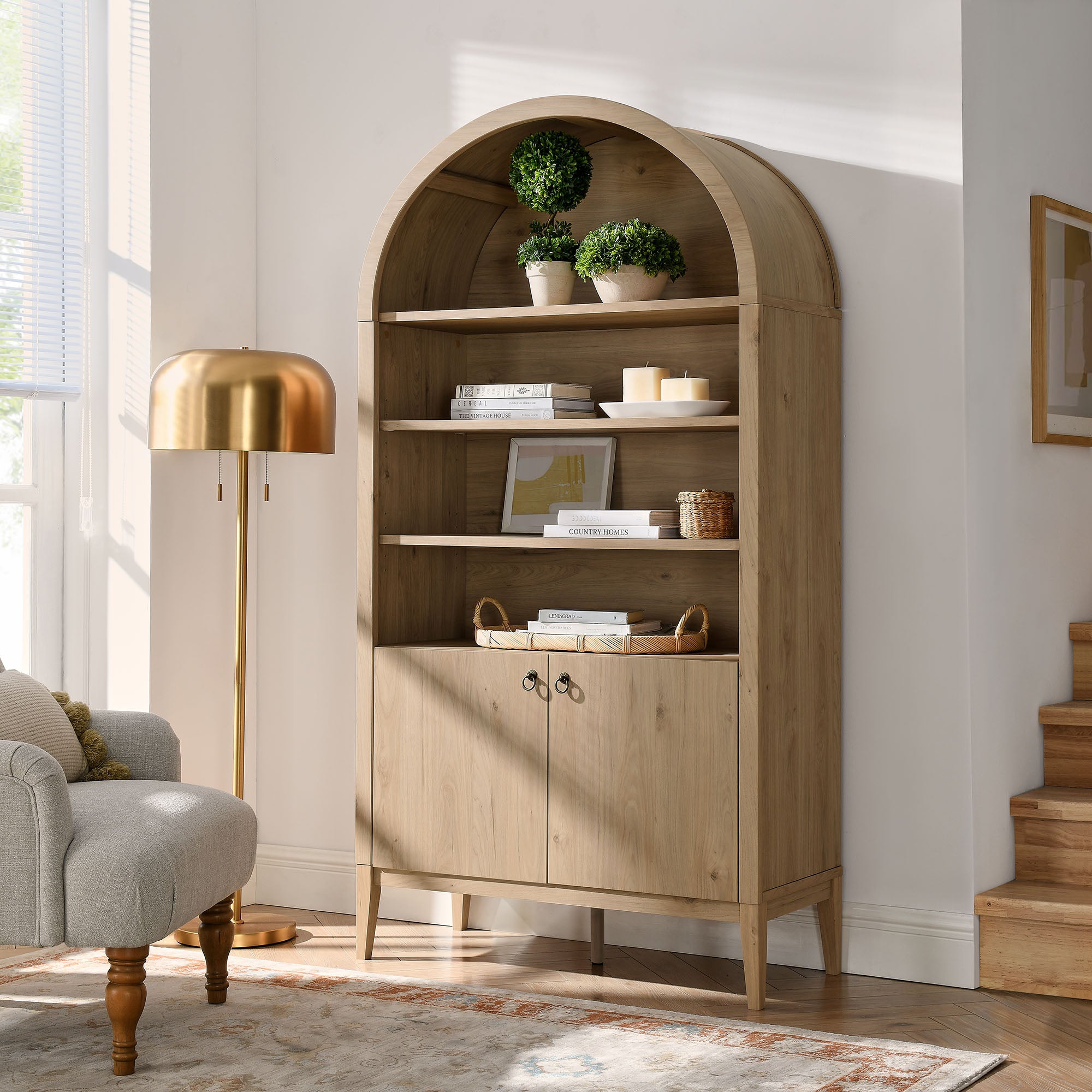 Nolan 74" Tall Wide Arched Storage Display Cabinet Bookshelf, Light Oak