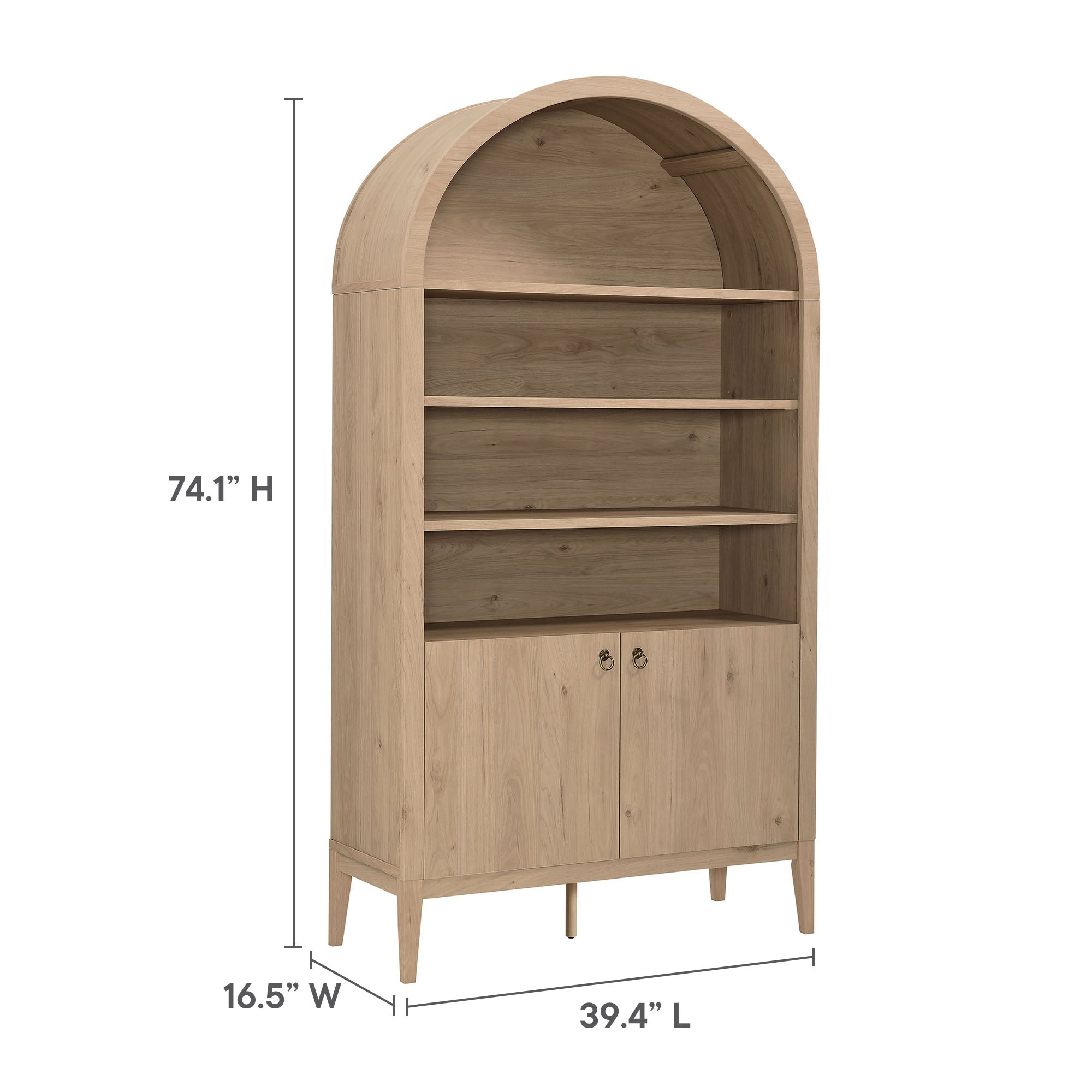Nolan 74" Tall Wide Arched Storage Display Cabinet Bookshelf, Light Oak