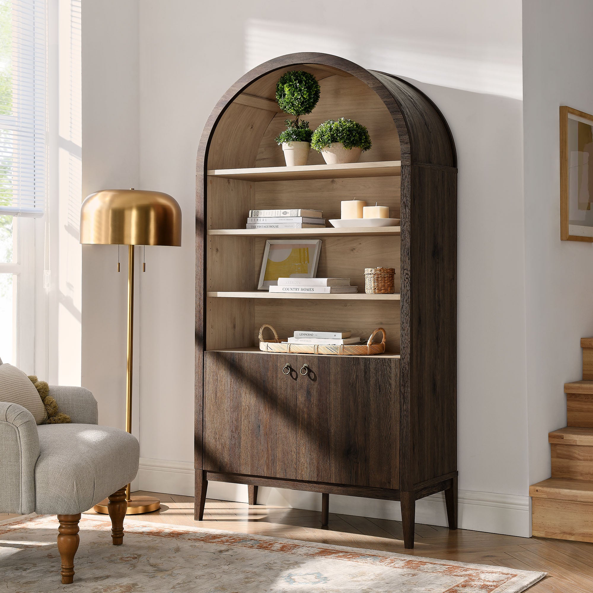 Nolan 74" Tall Wide Arched Storage Display Cabinet Bookshelf, Dark Walnut