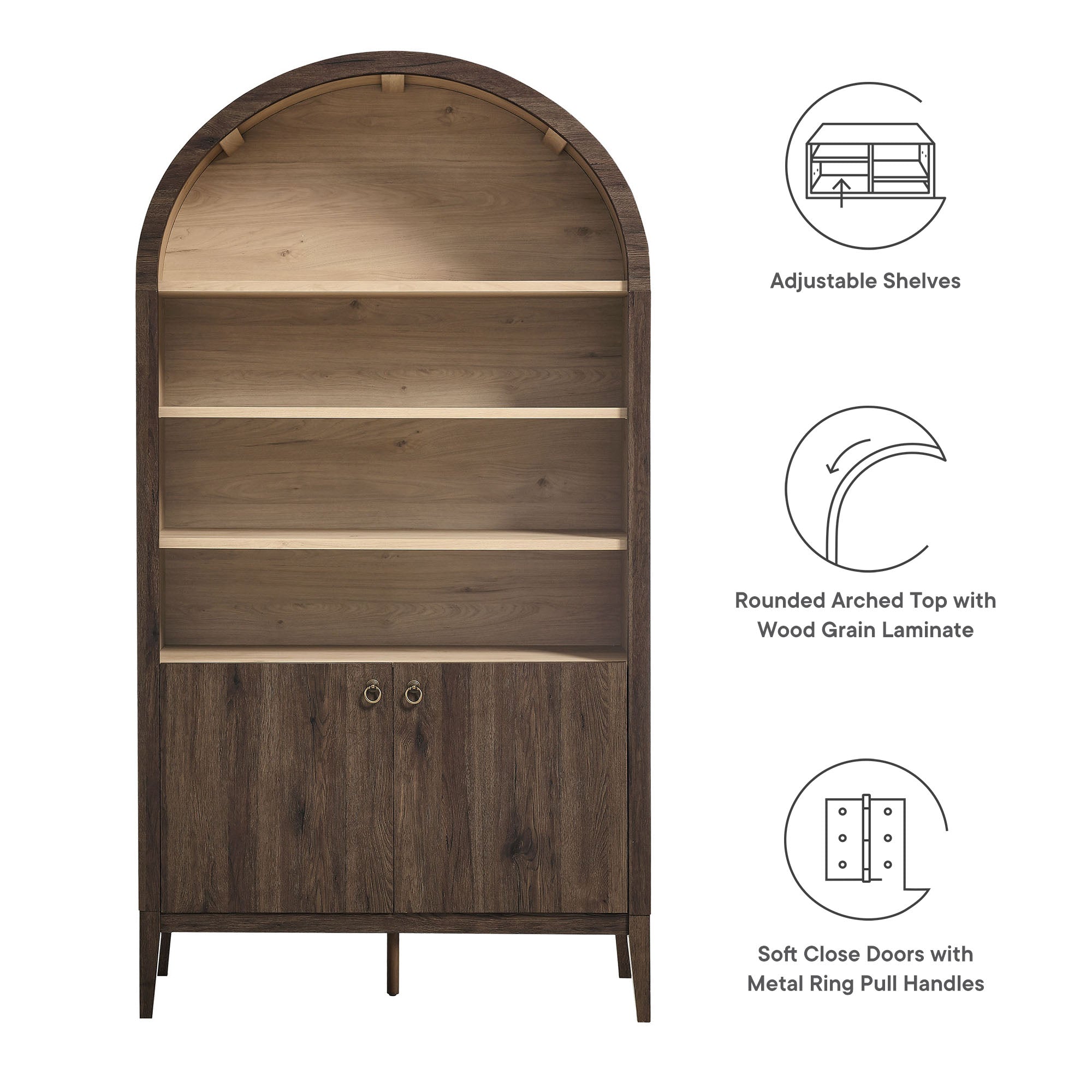 Nolan 74" Tall Wide Arched Storage Display Cabinet Bookshelf, Dark Walnut