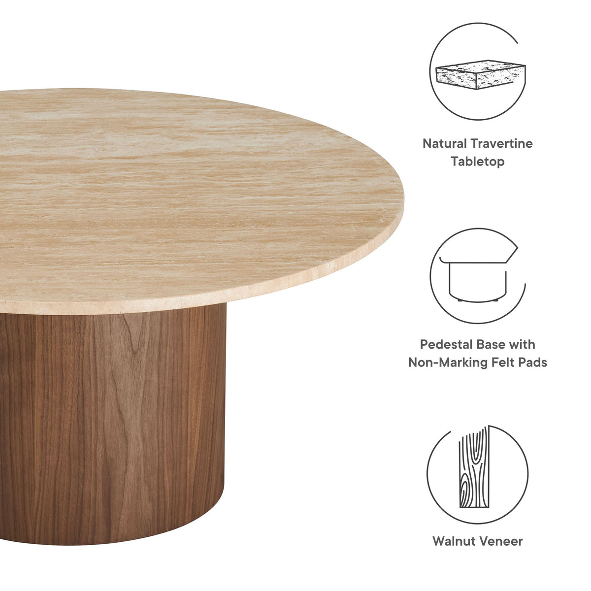 Kioni Round Travertine Coffee Table, Walnut