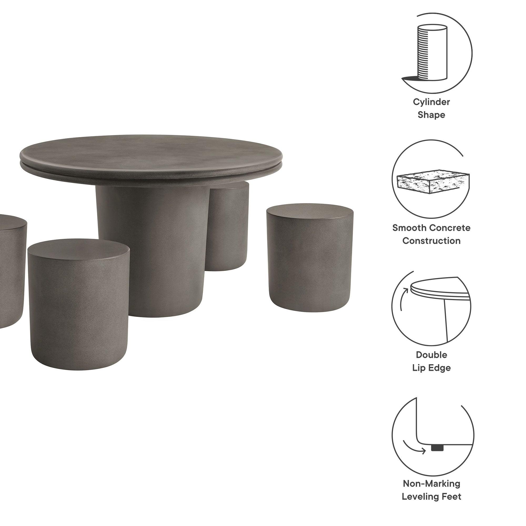 Brion Indoor - Outdoor Patio Concrete 5 Piece Dining Table Set, Gray