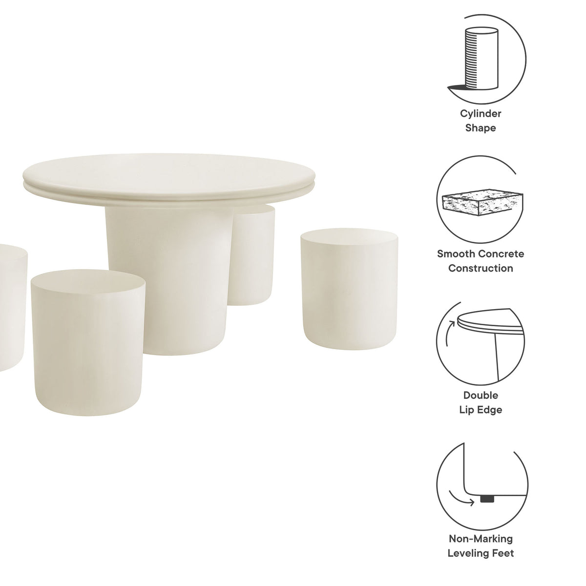 Brion Indoor - Outdoor Patio Concrete 5 Piece Dining Table Set, White