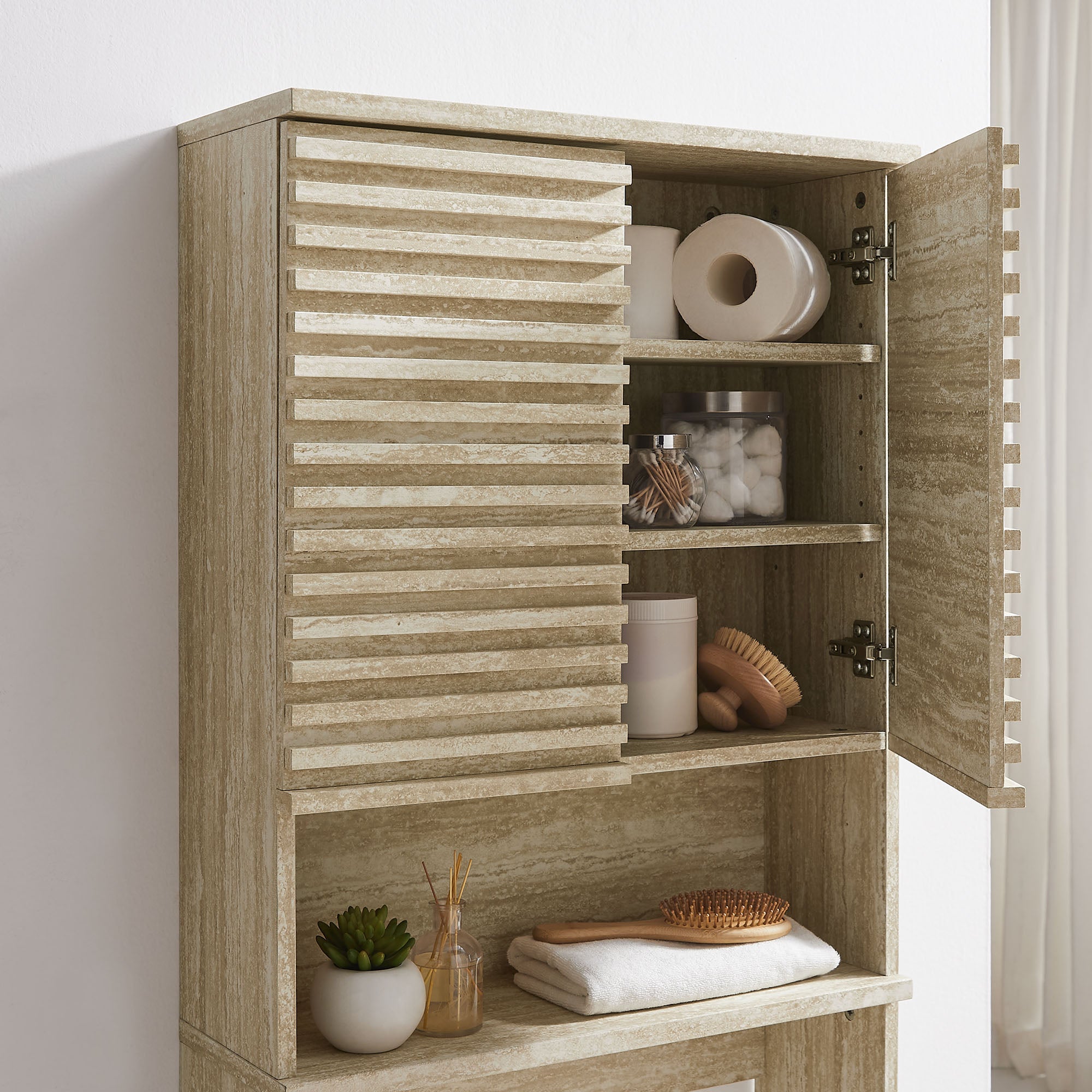 Render Over the Toilet Faux Travertine Bathroom Storage Cabinet, Travertine
