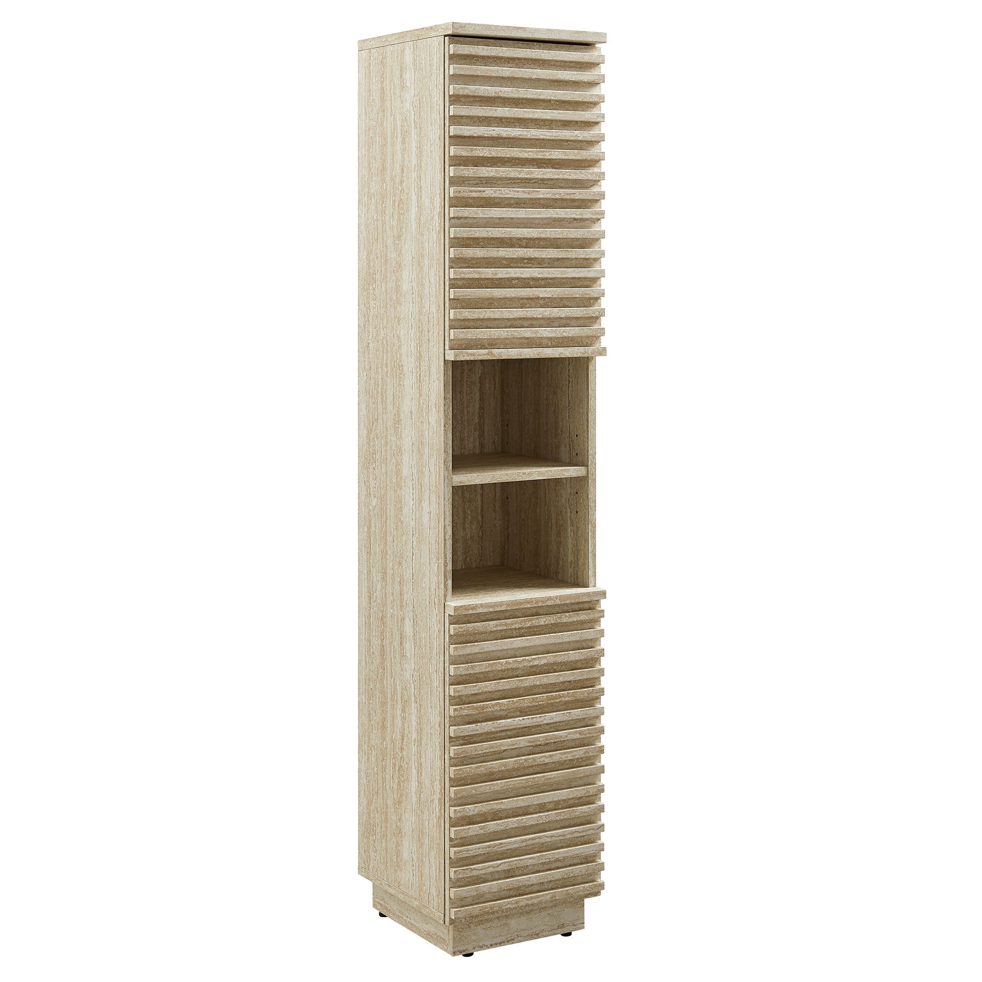 Render Tall Narrow Faux Travertine Linen Storage Cabinet, Travertine