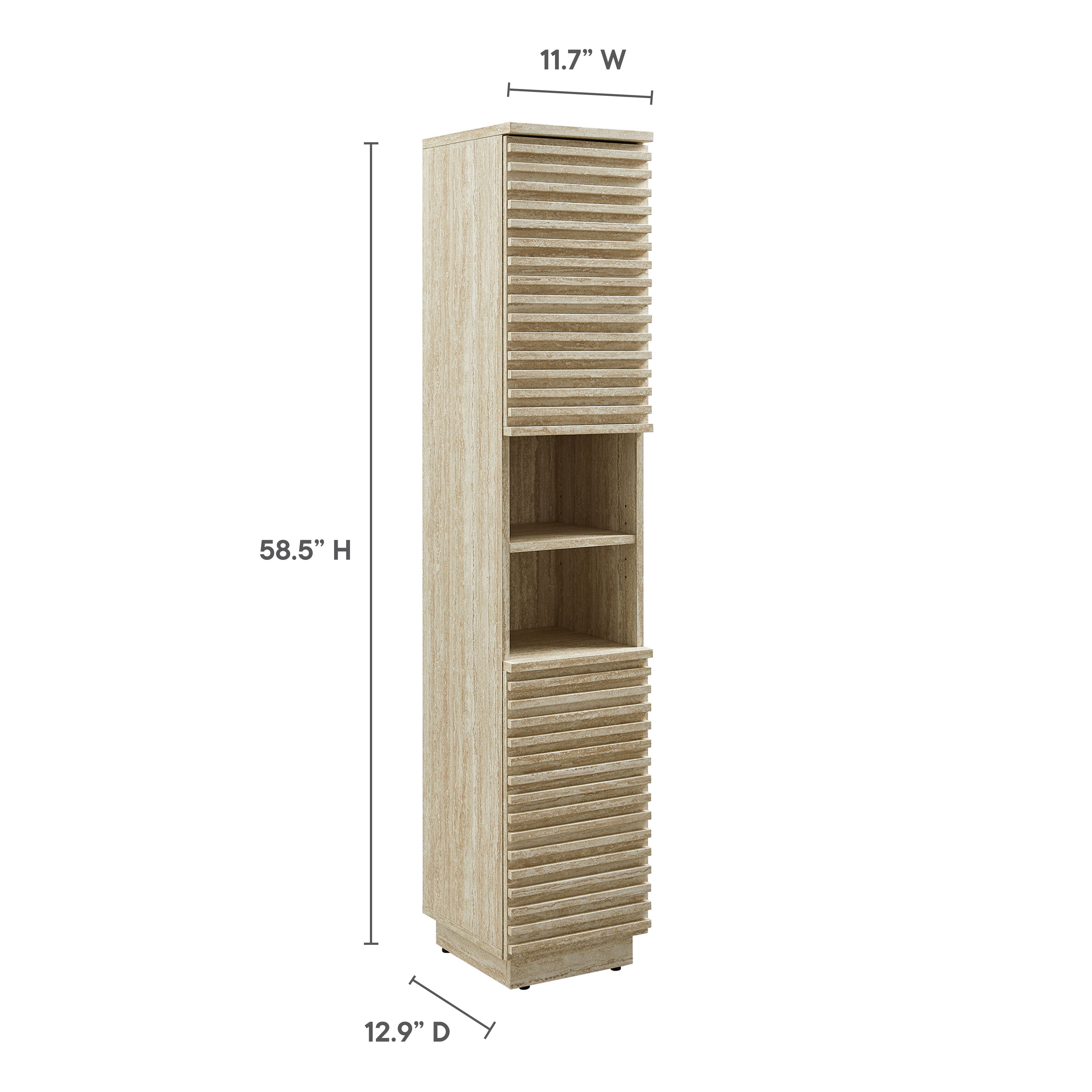 Render Tall Narrow Faux Travertine Linen Storage Cabinet, Travertine