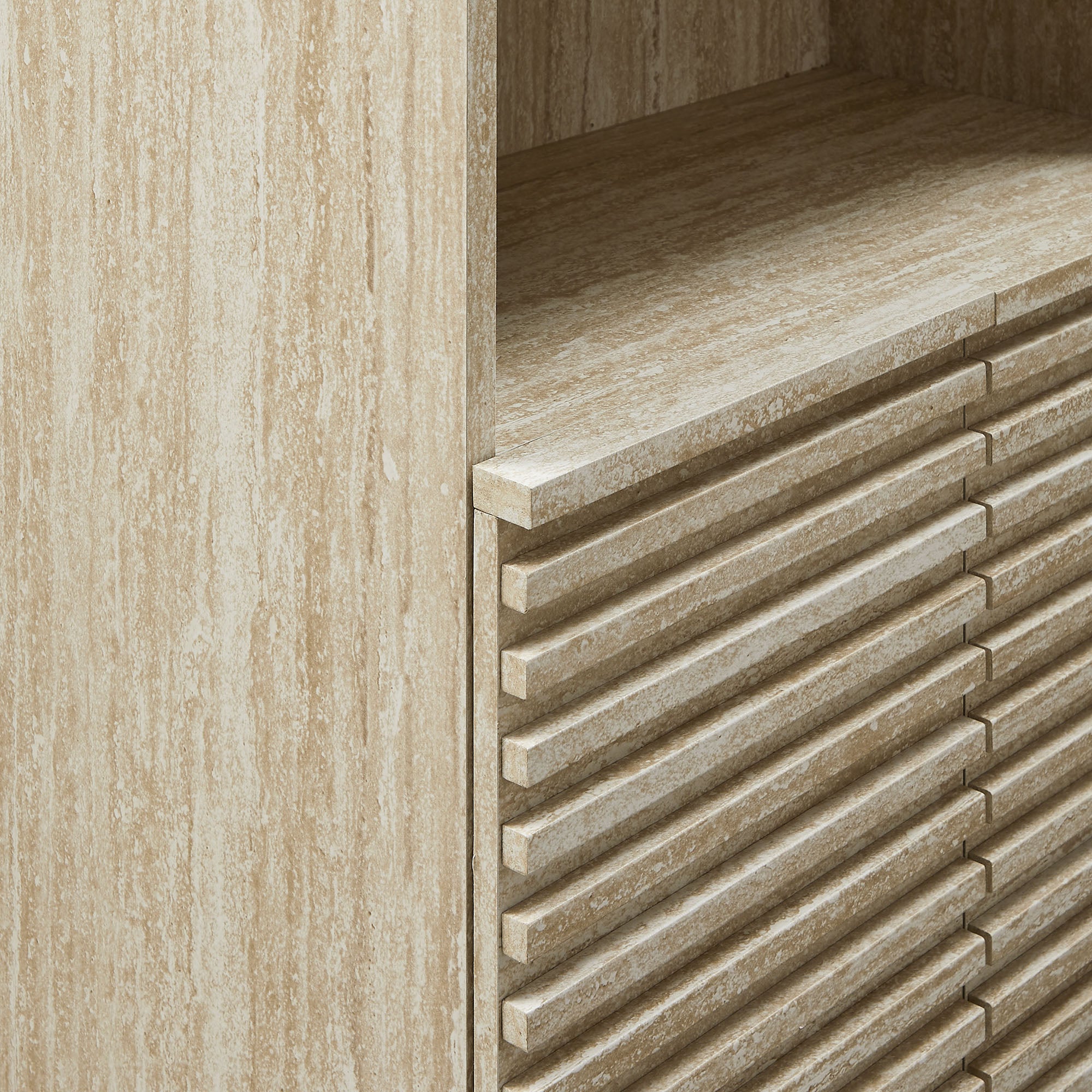 Render Tall Faux Travertine Linen Storage Cabinet, Travertine