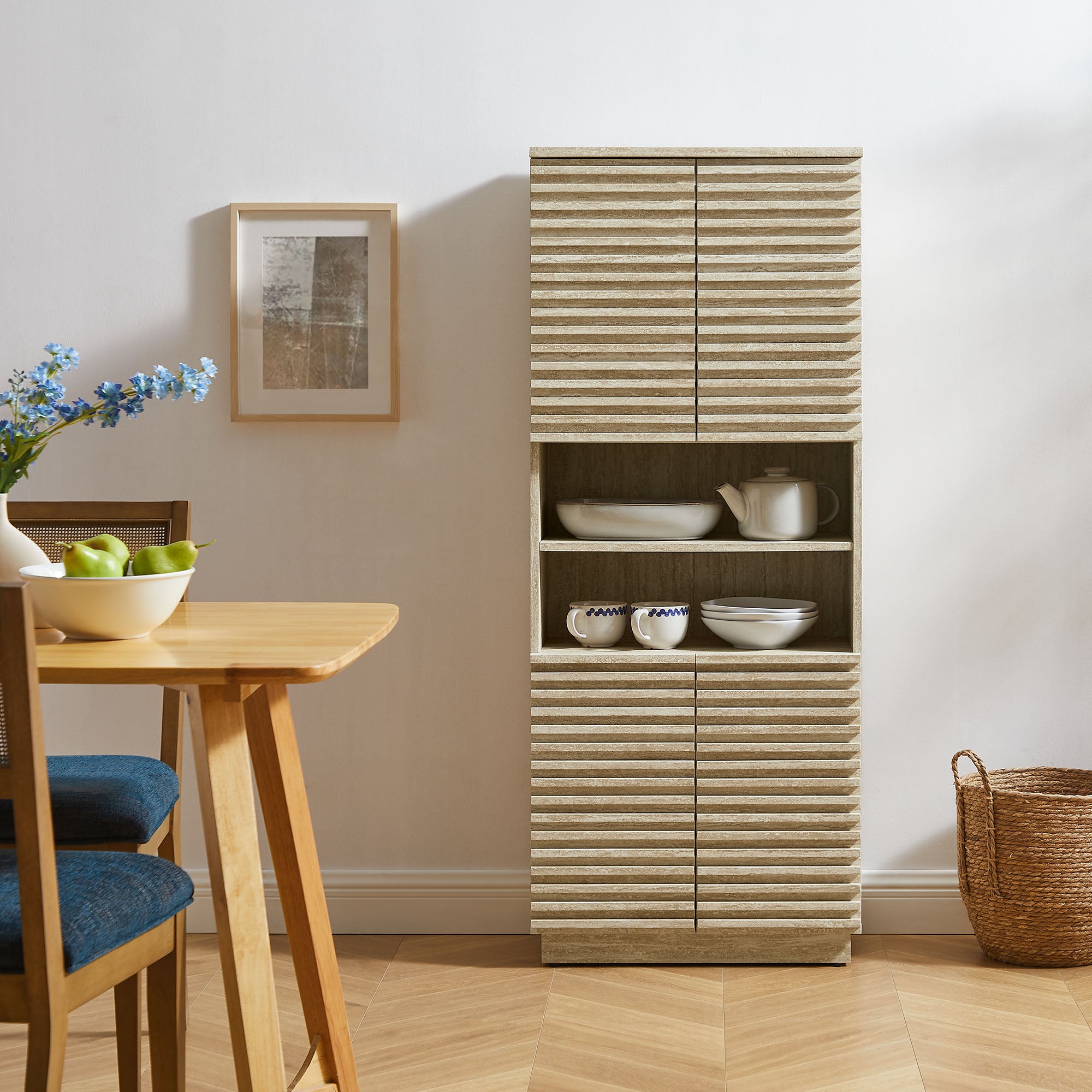 Render Tall Faux Travertine Linen Storage Cabinet, Travertine