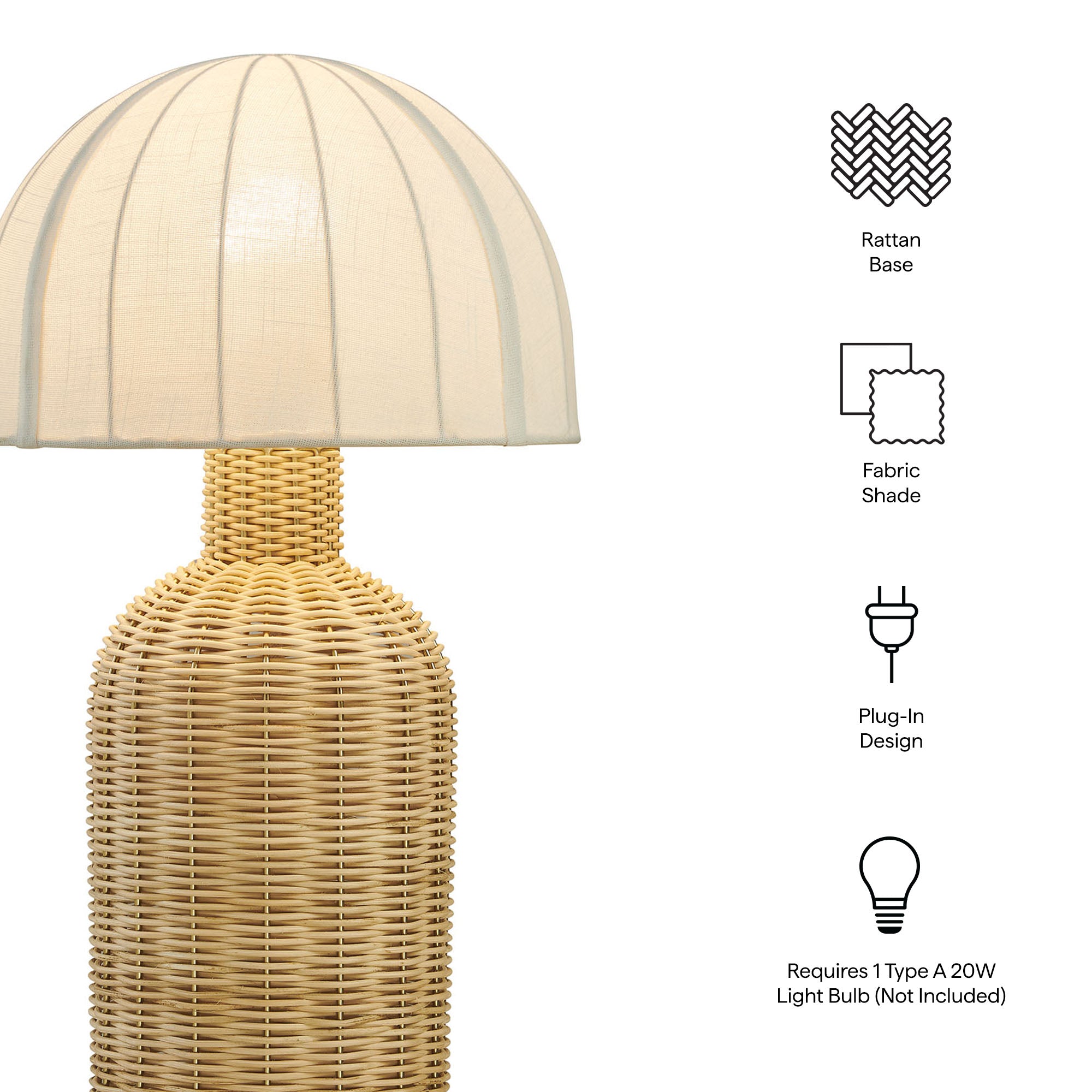 Santo Rattan Table Lamp With Dome Shade, White Natural