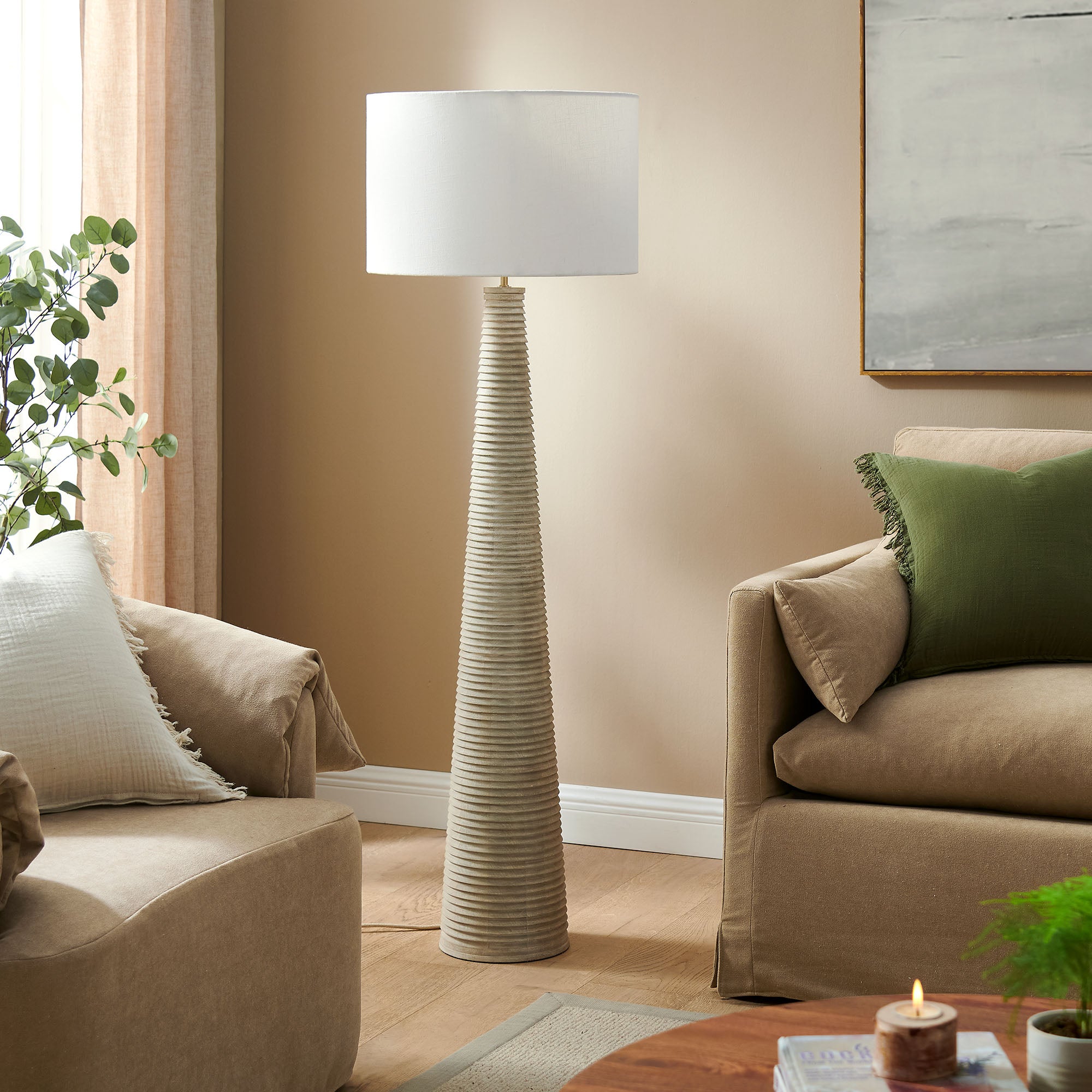 Saylor Carved Ribbed Wood Floor Lamp With Drum Shade, White Gray