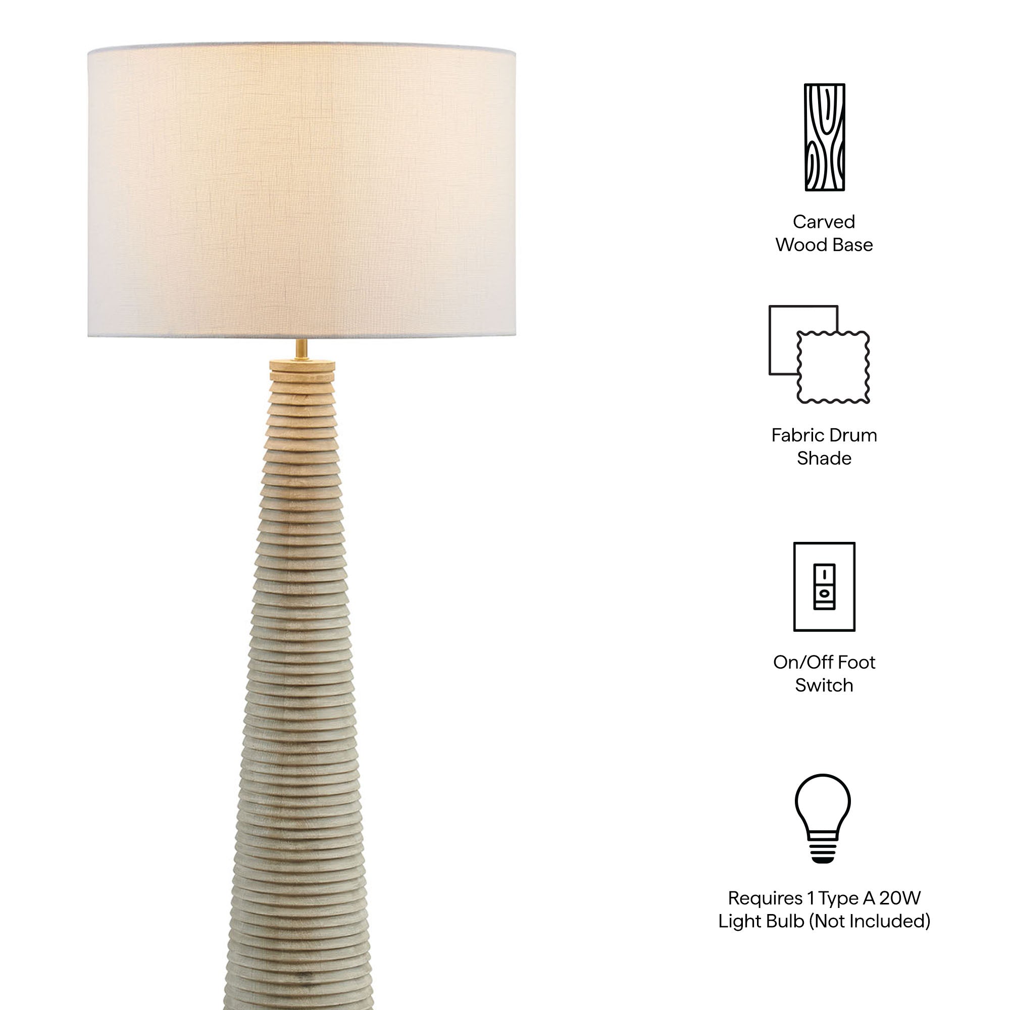 Saylor Carved Ribbed Wood Floor Lamp With Drum Shade, White Gray