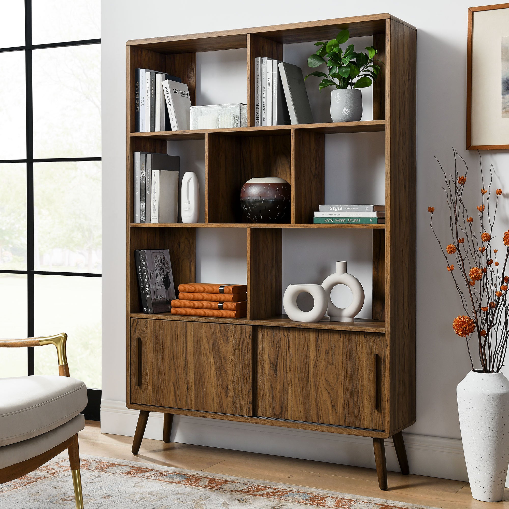 Transmit 45" Bookcase with Sliding Doors, Walnut