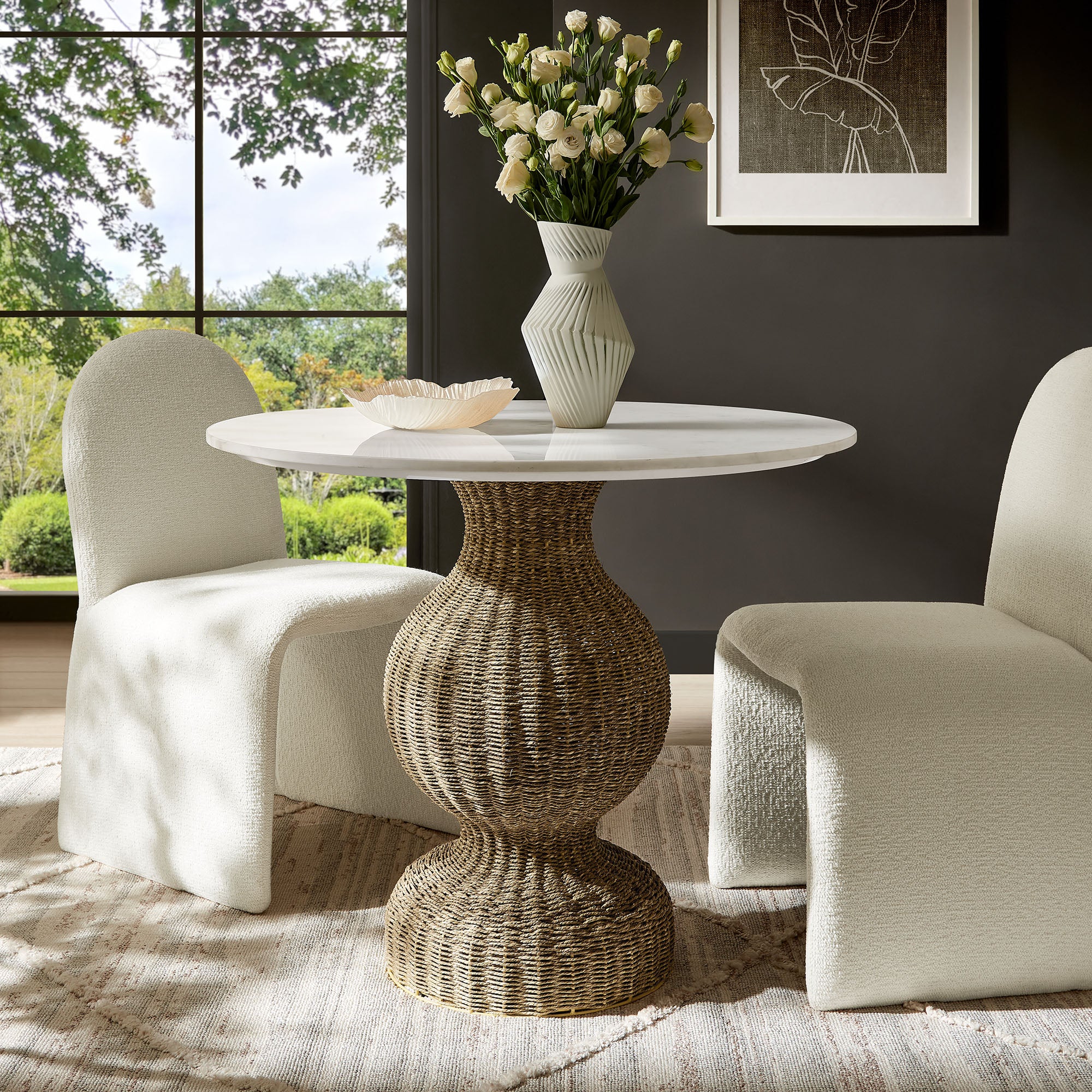 Zale 36" Marble and Seagrass Dining Table, White Natural