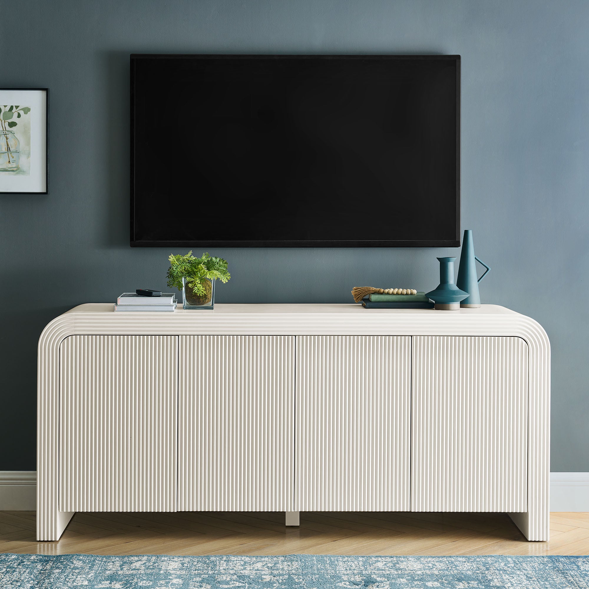 Waterflute 70" Fluted Sideboard Cabinet, White Matte