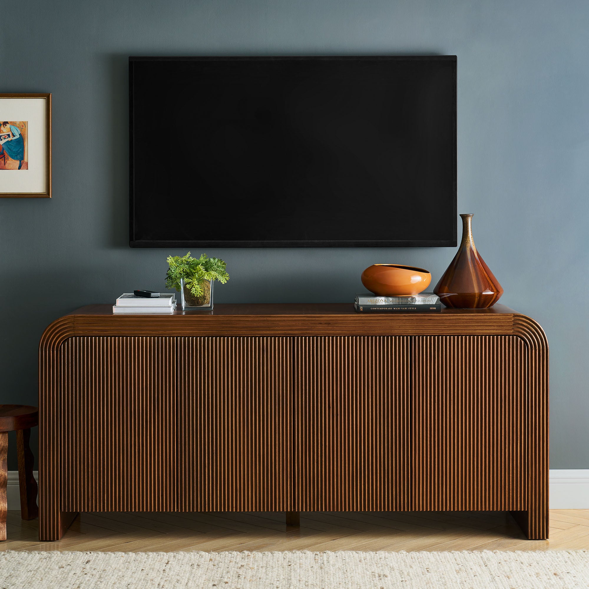 Waterflute 70" Fluted Sideboard Cabinet, Walnut