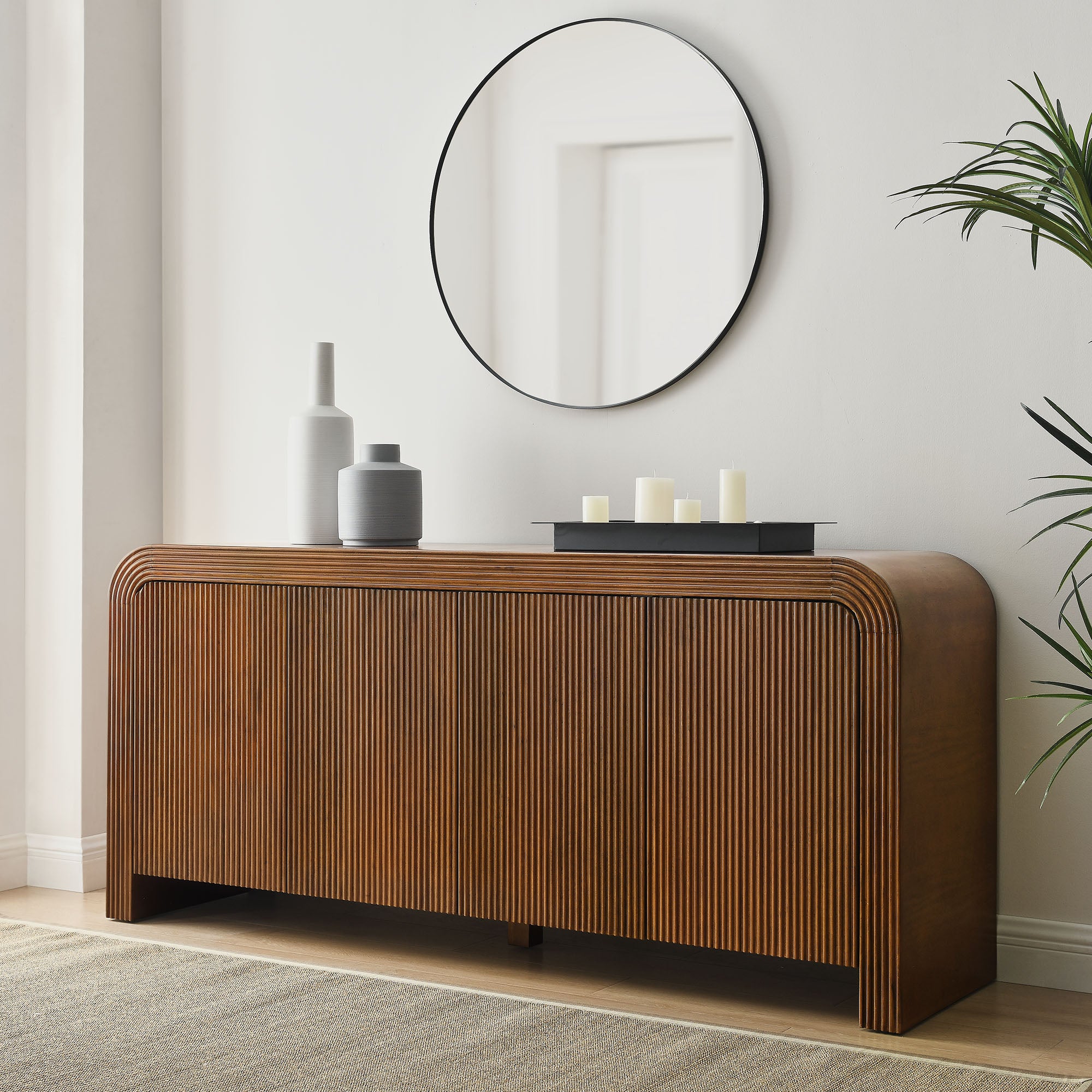 Waterflute 70" Fluted Sideboard Cabinet, Walnut
