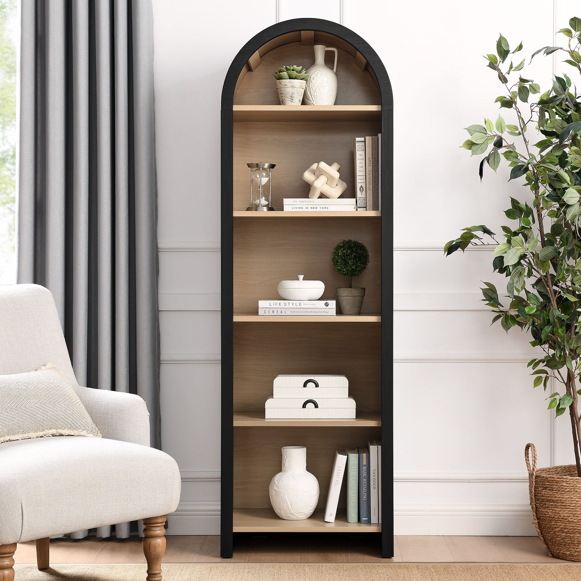 Evie Arched Narrow Bookcase Display Cabinet, Black