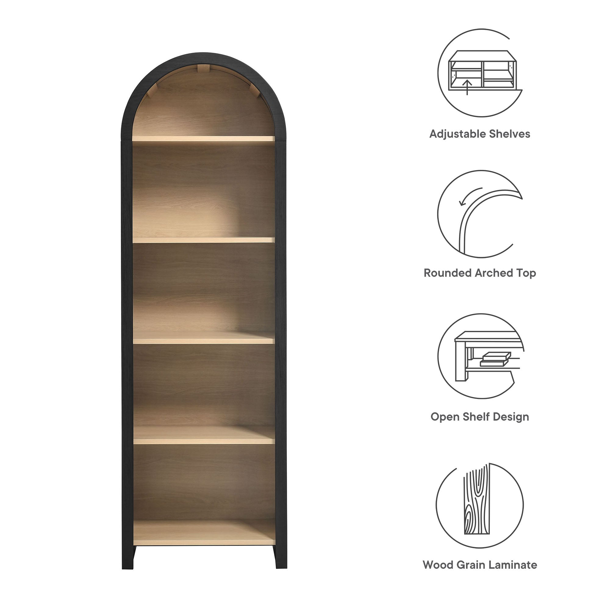 Evie Arched Narrow Bookcase Display Cabinet, Black