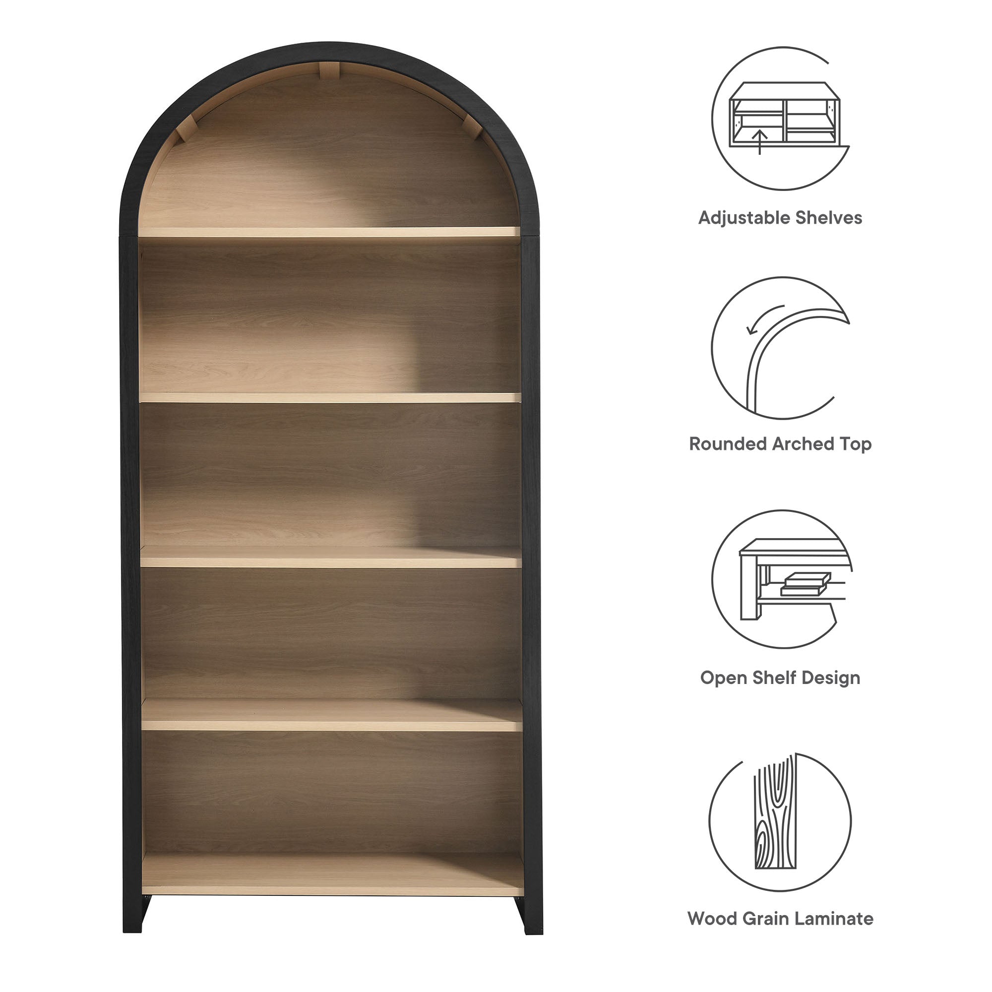 Evie Arched Wide Bookcase Display Cabinet, Black