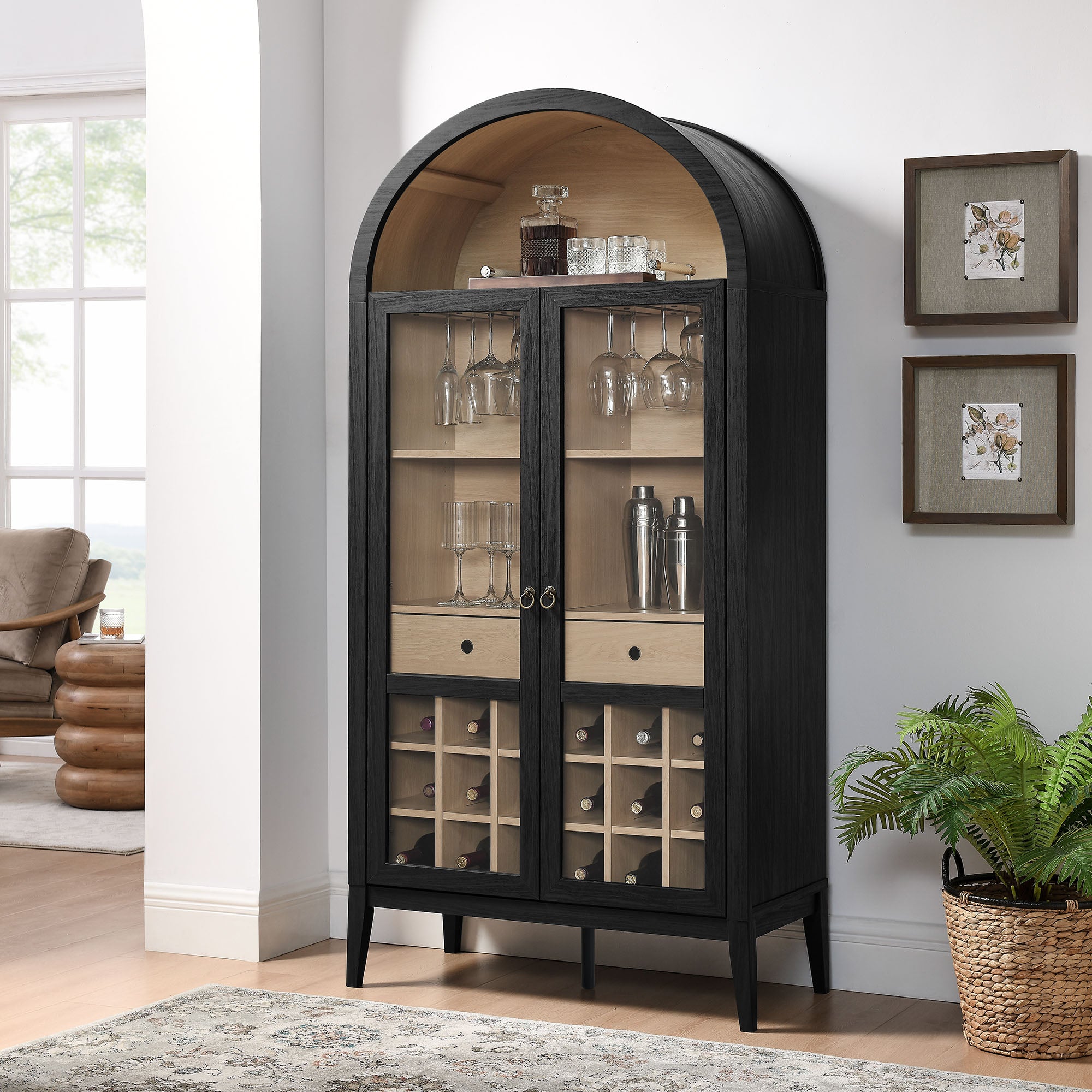 Nolan Arched Bar Cabinet, Black Oak