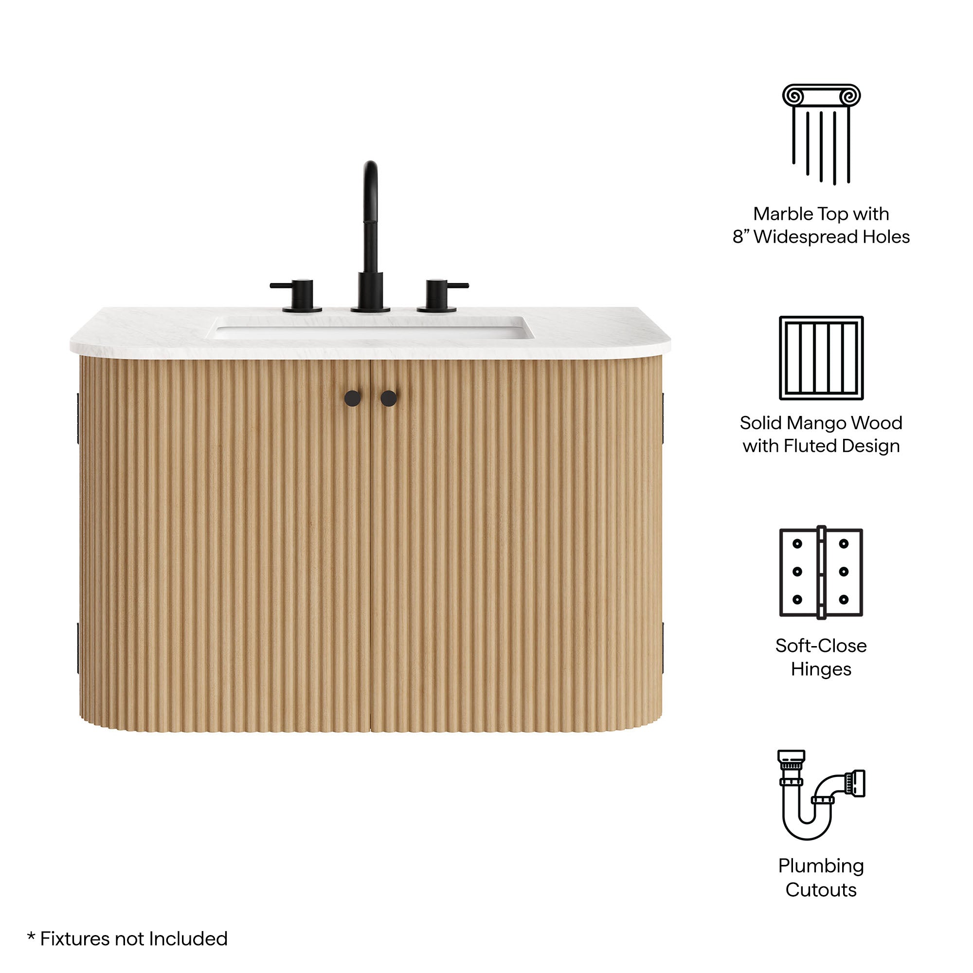 Zia 30" Wall-Mount Bathroom Vanity with Marble Sink, Natural