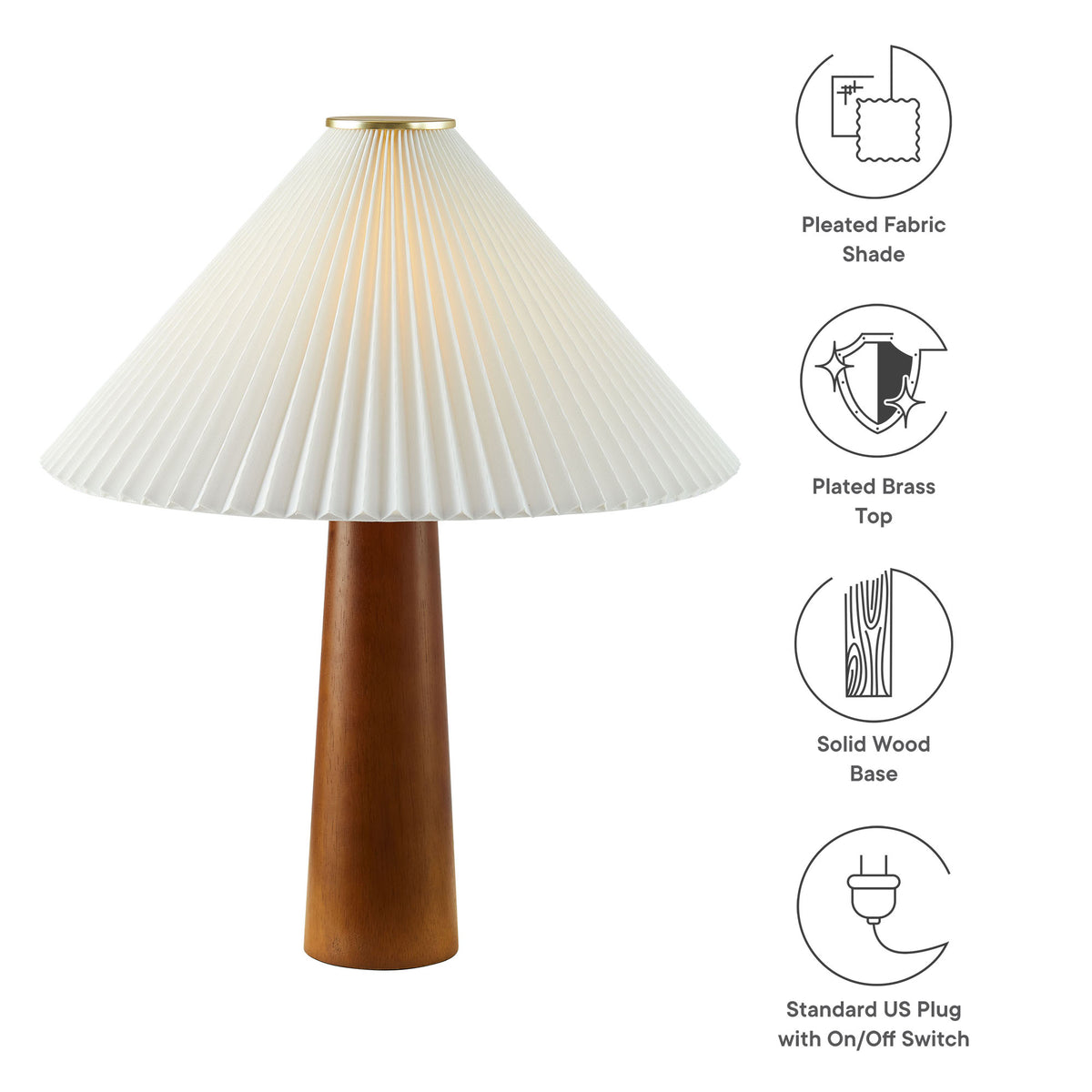 Jessica Wooden Base Table Lamp With Pleated Fabric Shade, Walnut