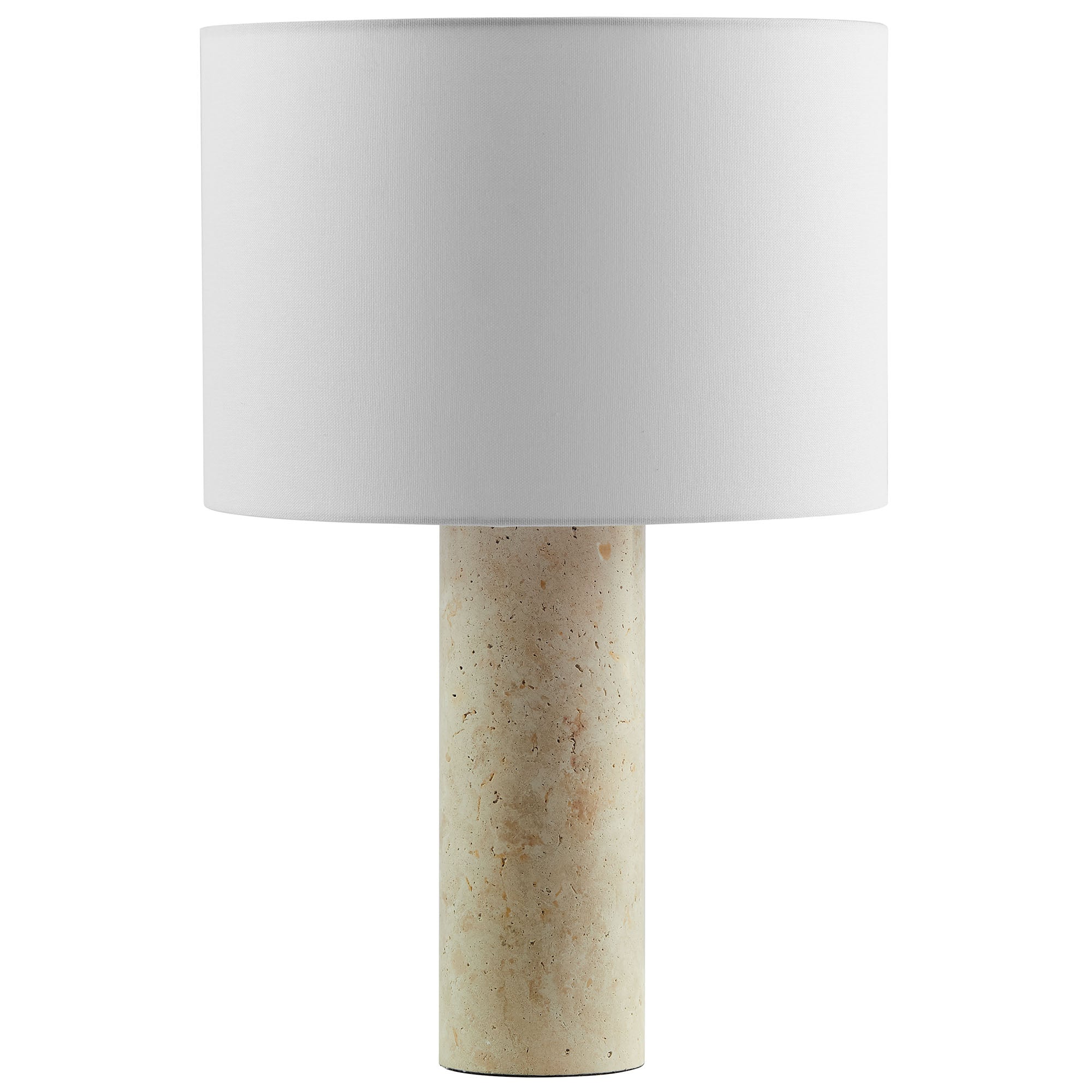 Zenith Travertine Table Lamp With Fabric Drum Shade, Travertine