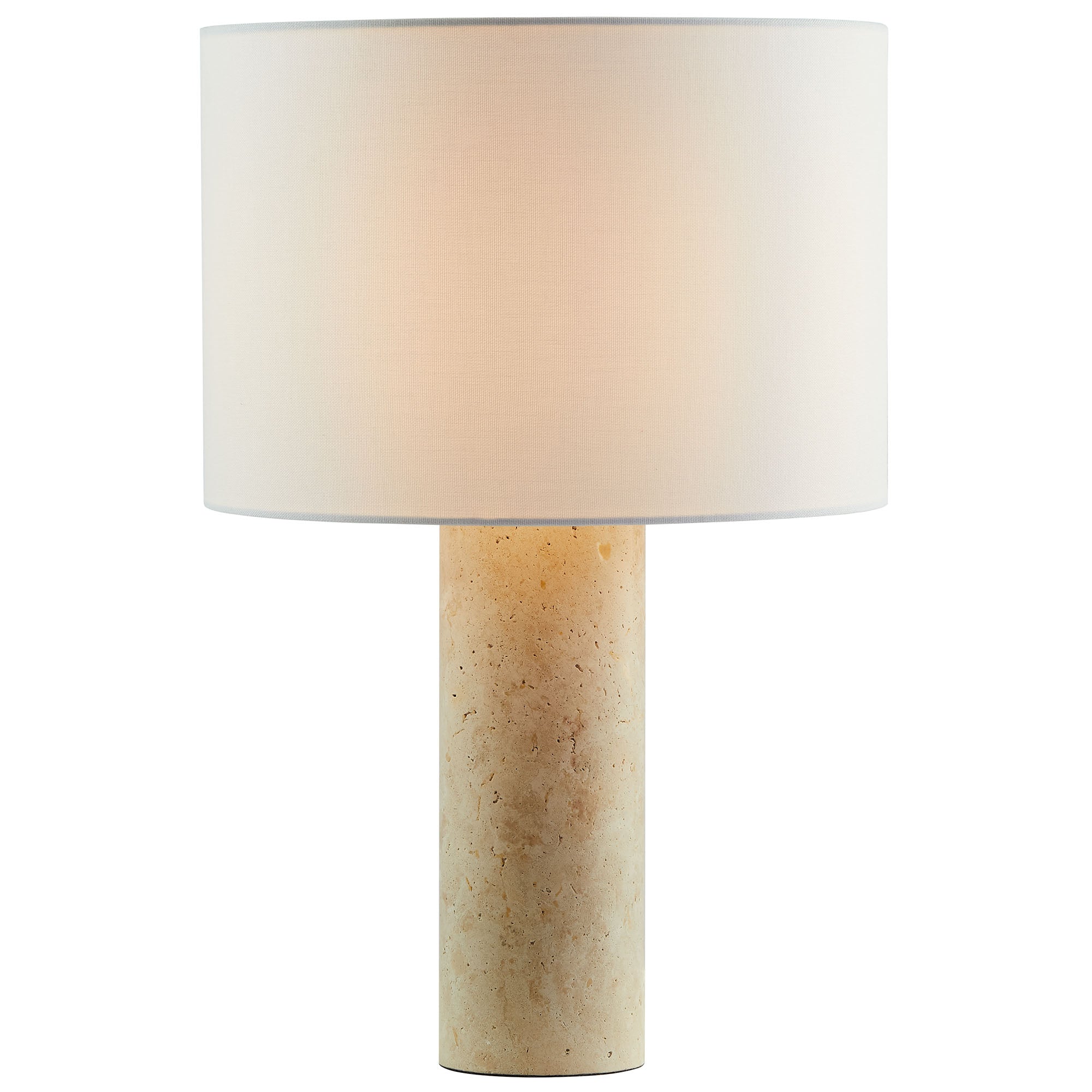 Zenith Travertine Table Lamp With Fabric Drum Shade, Travertine