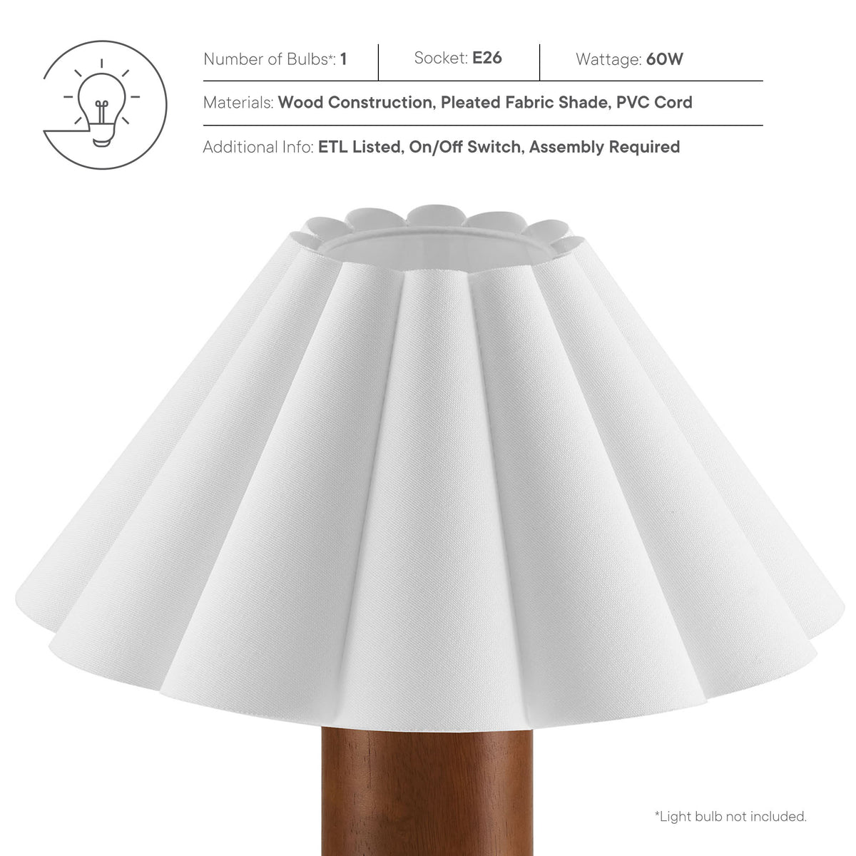 Flora Wood Table Lamp With Pleated Petal Shade, Walnut