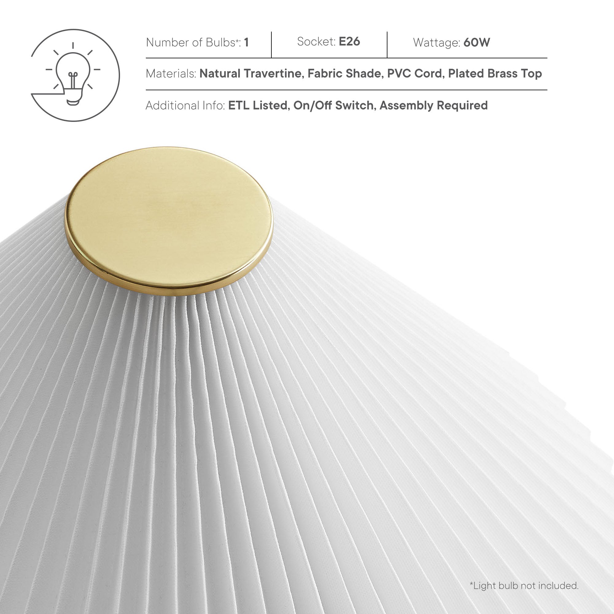 Cove Travertine Table Lamp With Pleated Shade, Travertine