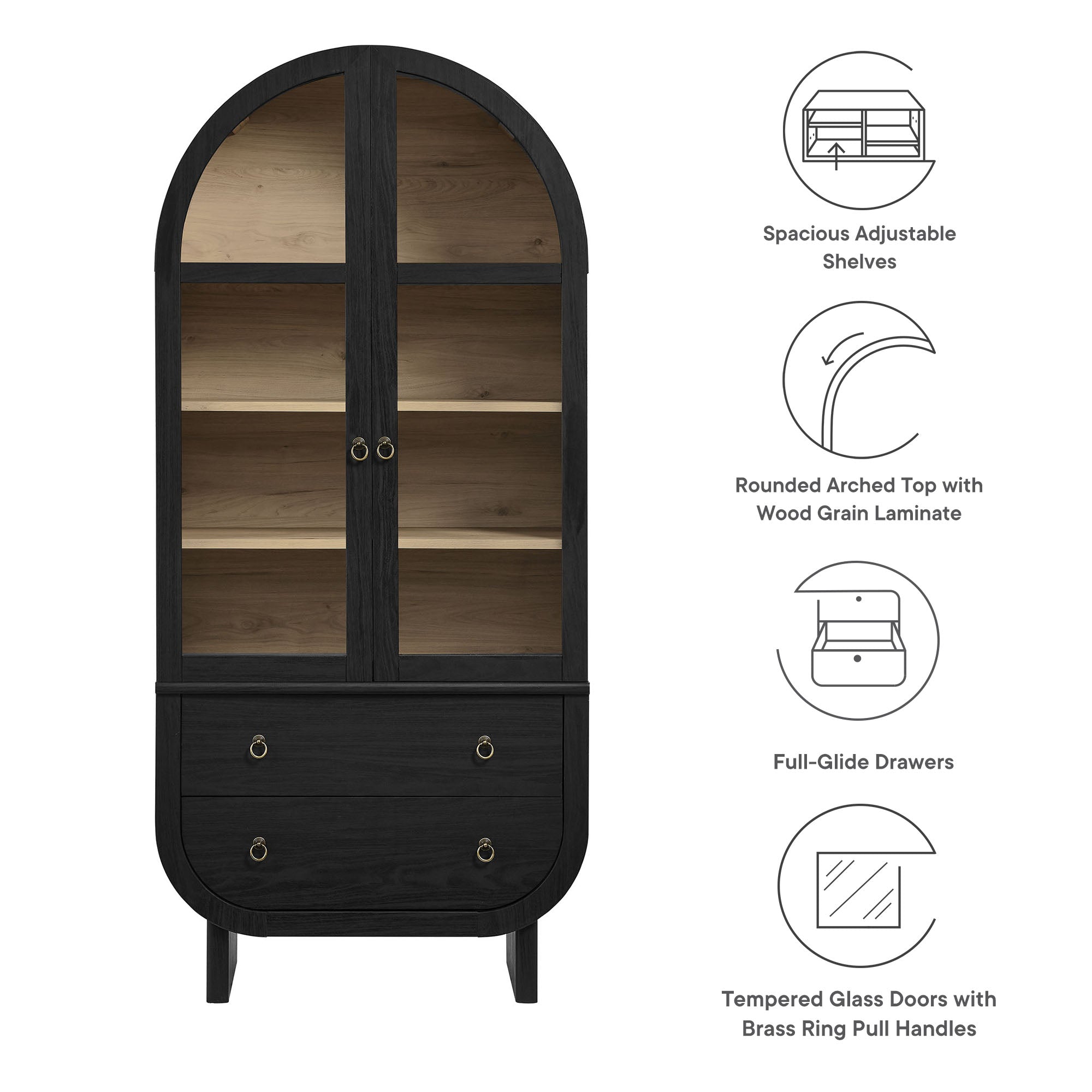 Nyx Arched Display Cabinet, Black Light Oak