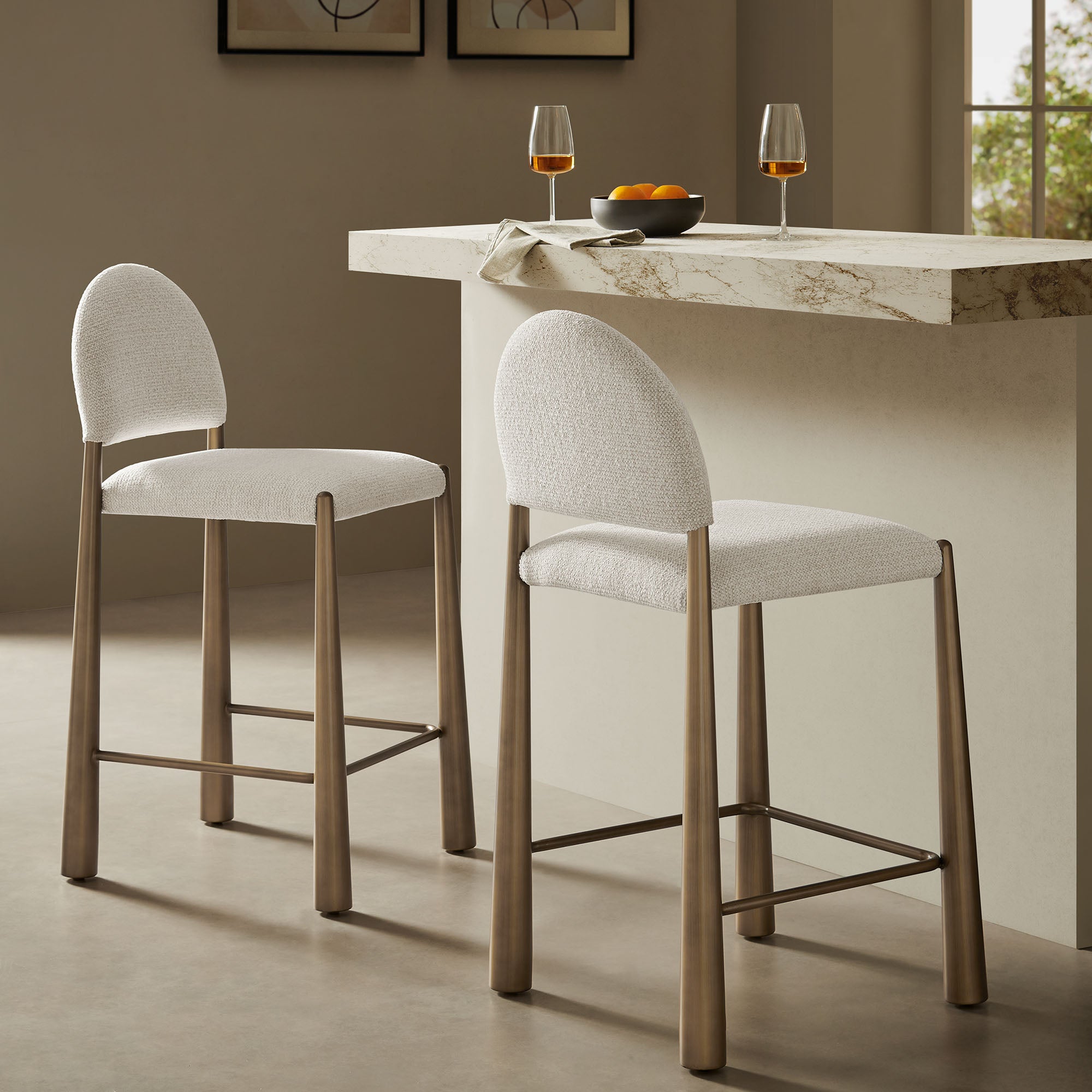 Hayley Upholstered Fabric Counter Stool, Brass Cream