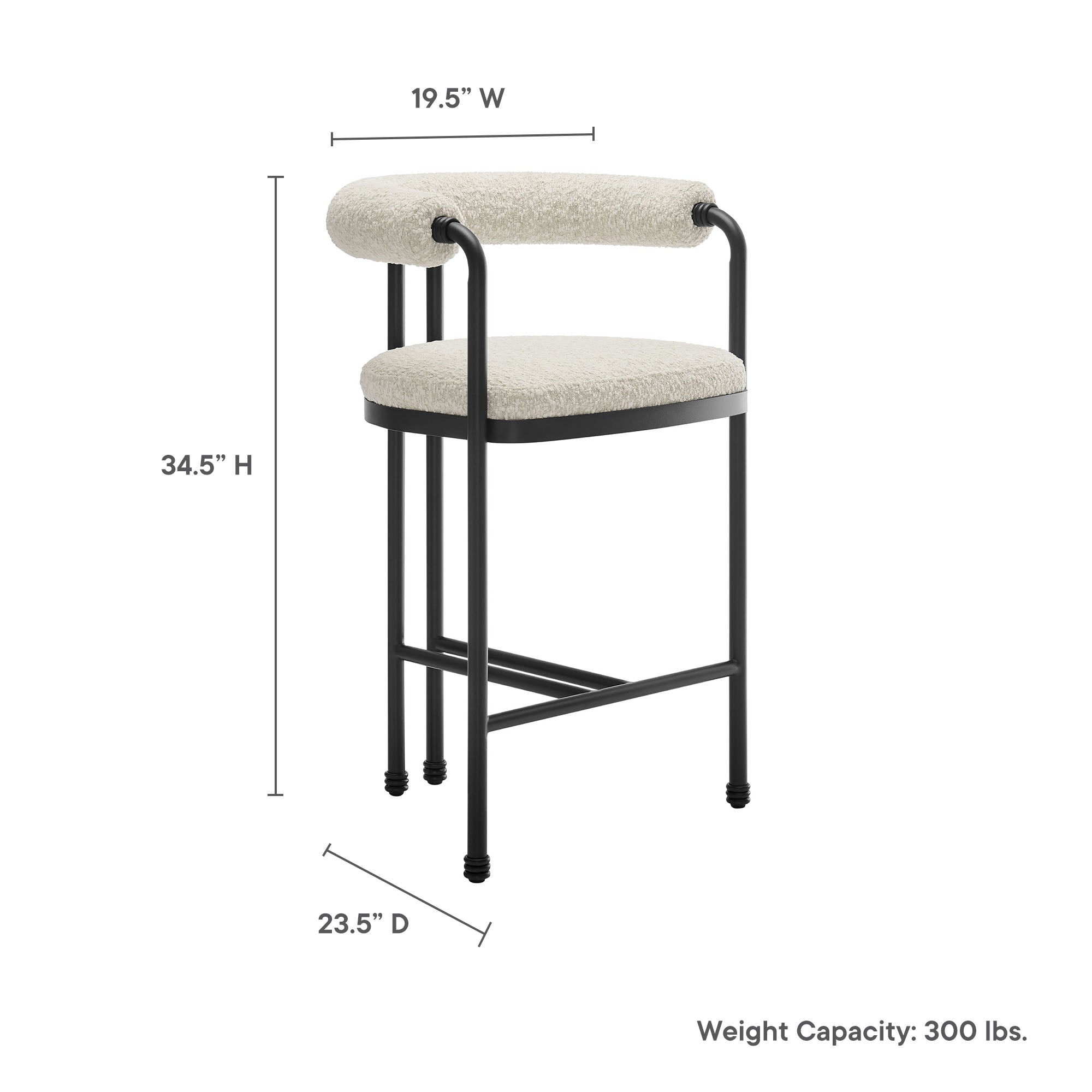 Turin Curved Back Boucle and Metal Counter Stool, Black Pearl