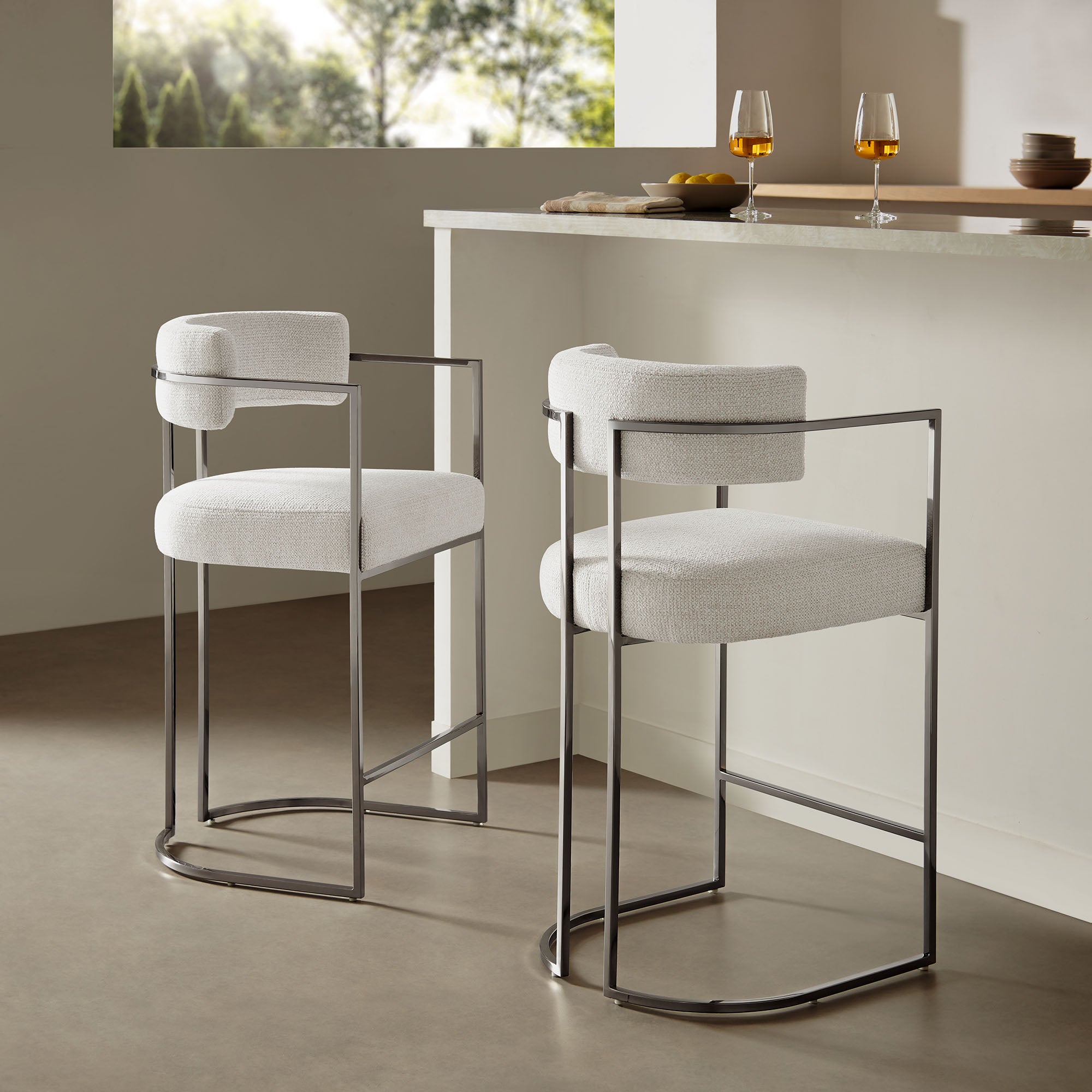 Huron Curved Back Fabric and Metal Counter Stool, Silver Cream