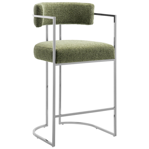 Huron Curved Back Fabric and Metal Counter Stool, Silver Leaf