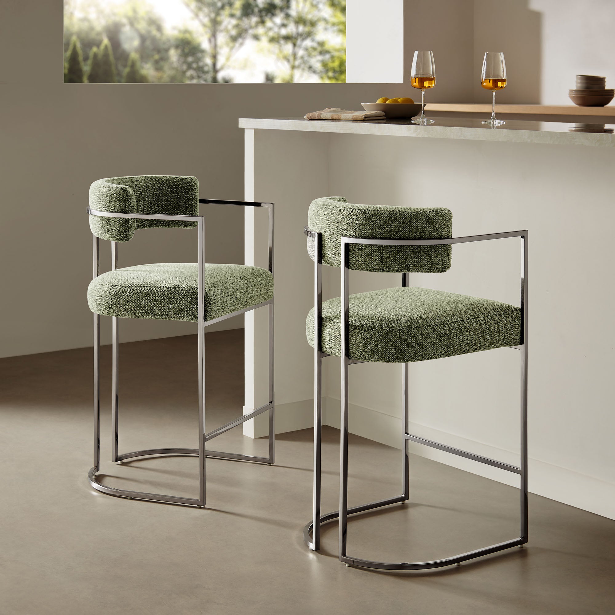 Huron Curved Back Fabric and Metal Counter Stool, Silver Leaf