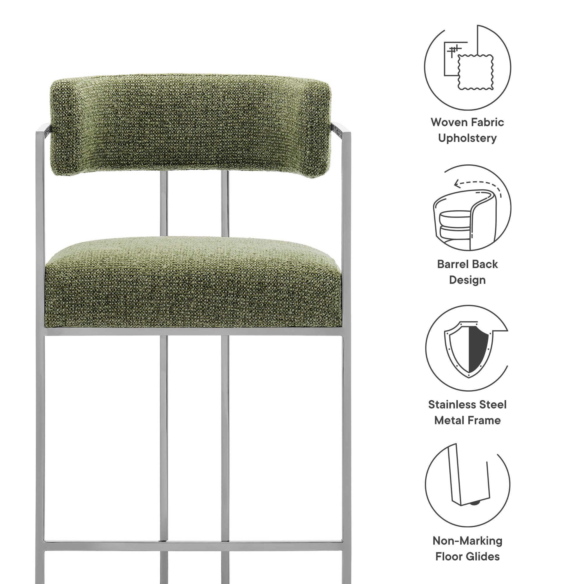Huron Curved Back Fabric and Metal Counter Stool, Silver Leaf
