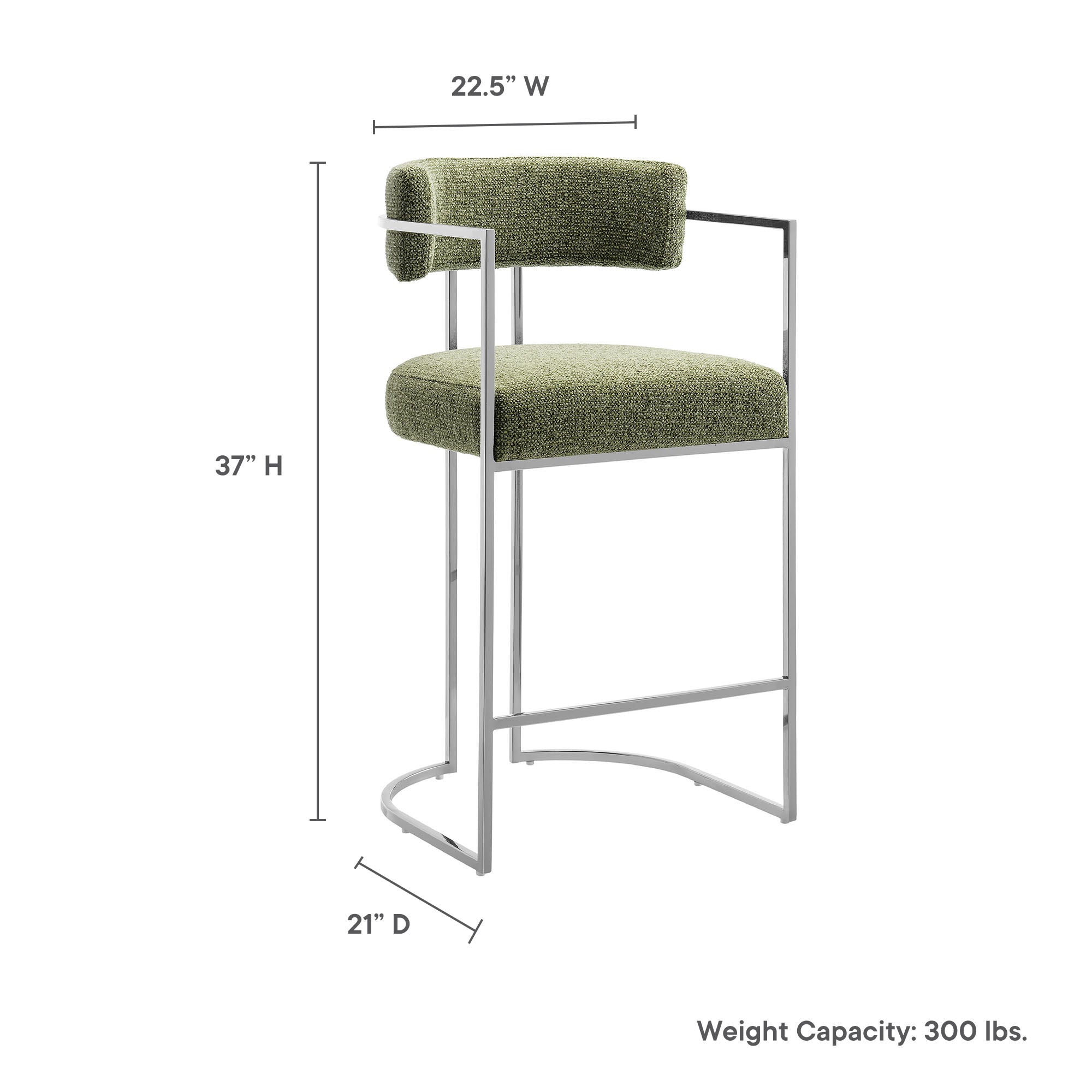 Huron Curved Back Fabric and Metal Counter Stool, Silver Leaf
