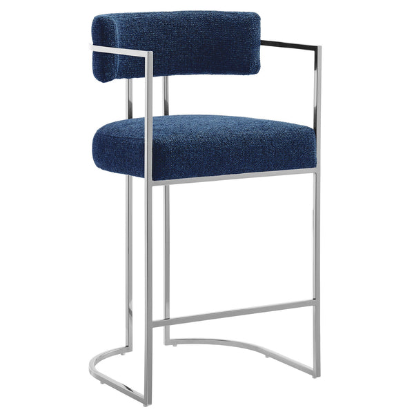Huron Curved Back Fabric and Metal Counter Stool, Silver Navy