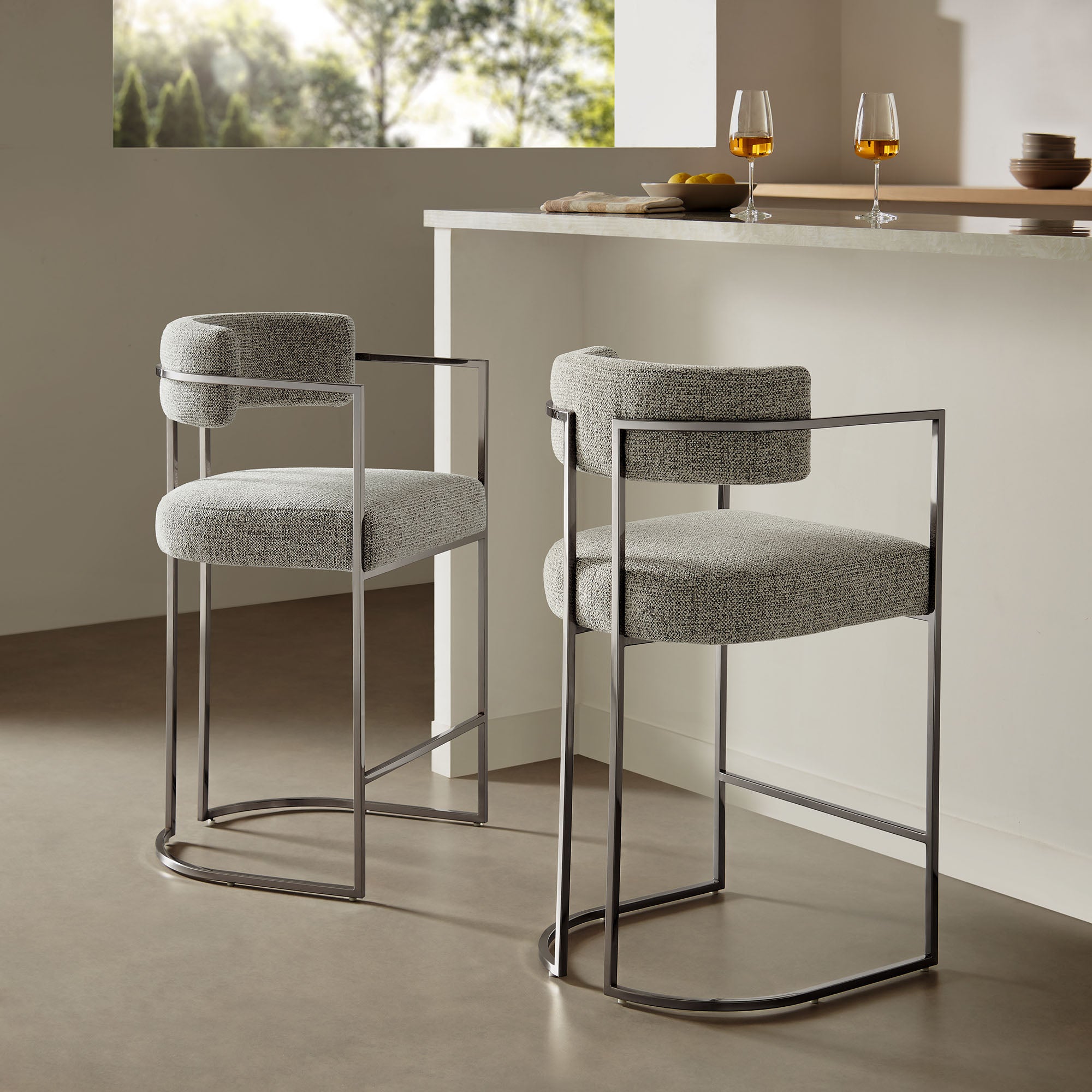 Huron Curved Back Fabric and Metal Counter Stool, Silver Wheat